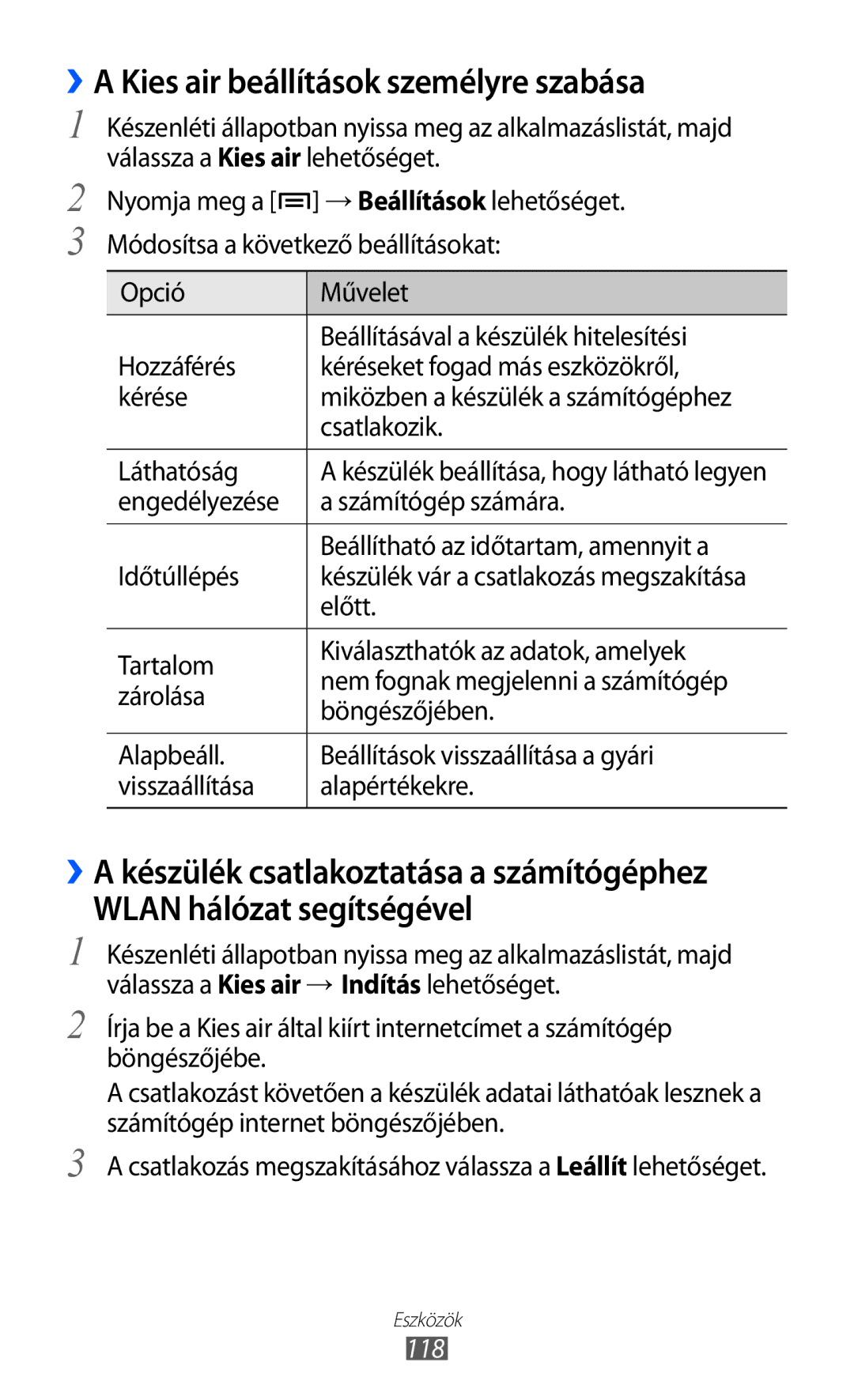 Samsung GT-I8150FKAXEH, GT-I8150EWAITV, GT-I8150FKADBT manual ››A Kies air beállítások személyre szabása, Előtt, 118 