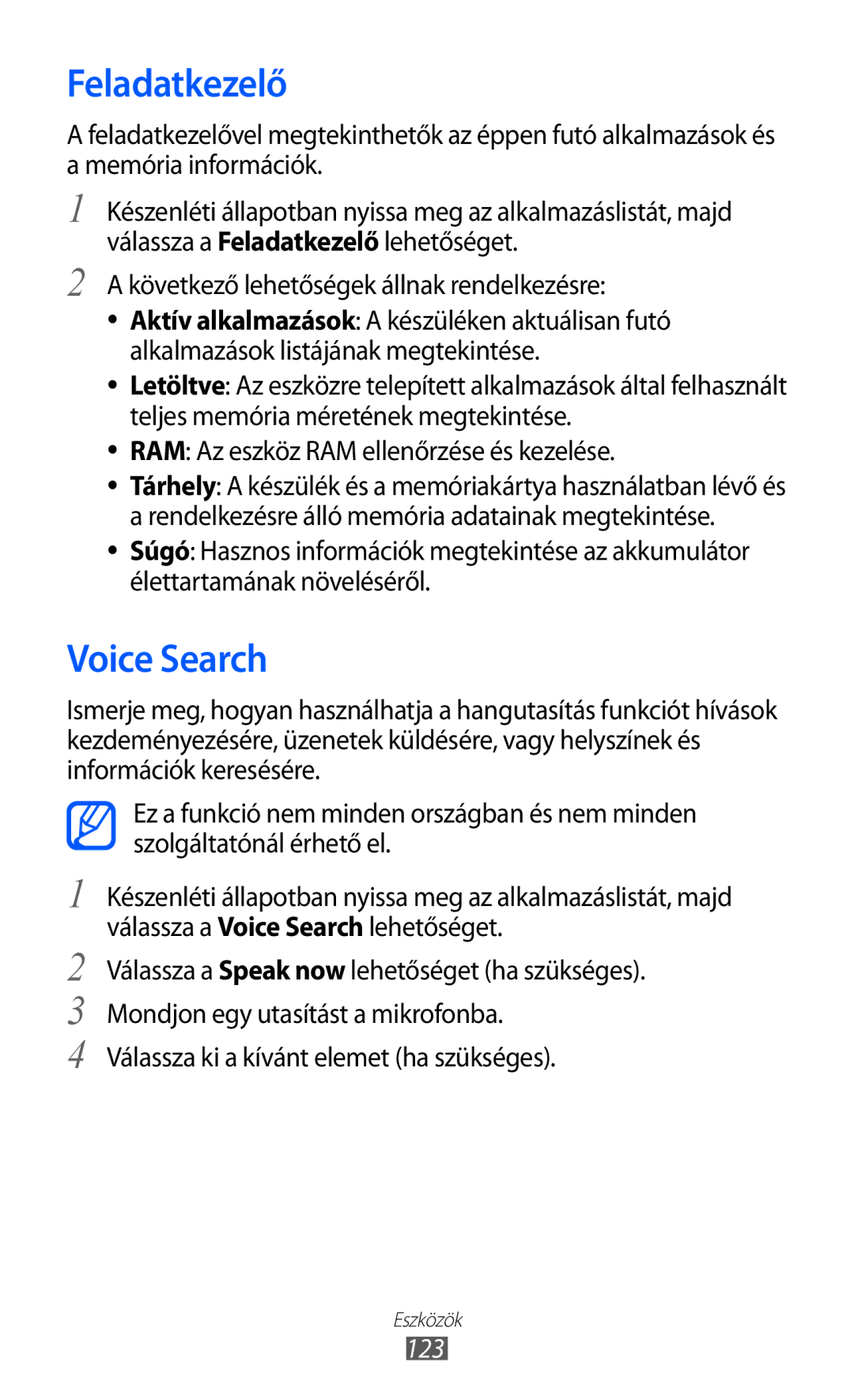 Samsung GT-I8150FKAPAN, GT-I8150EWAITV manual Feladatkezelő, Voice Search, Következő lehetőségek állnak rendelkezésre, 123 