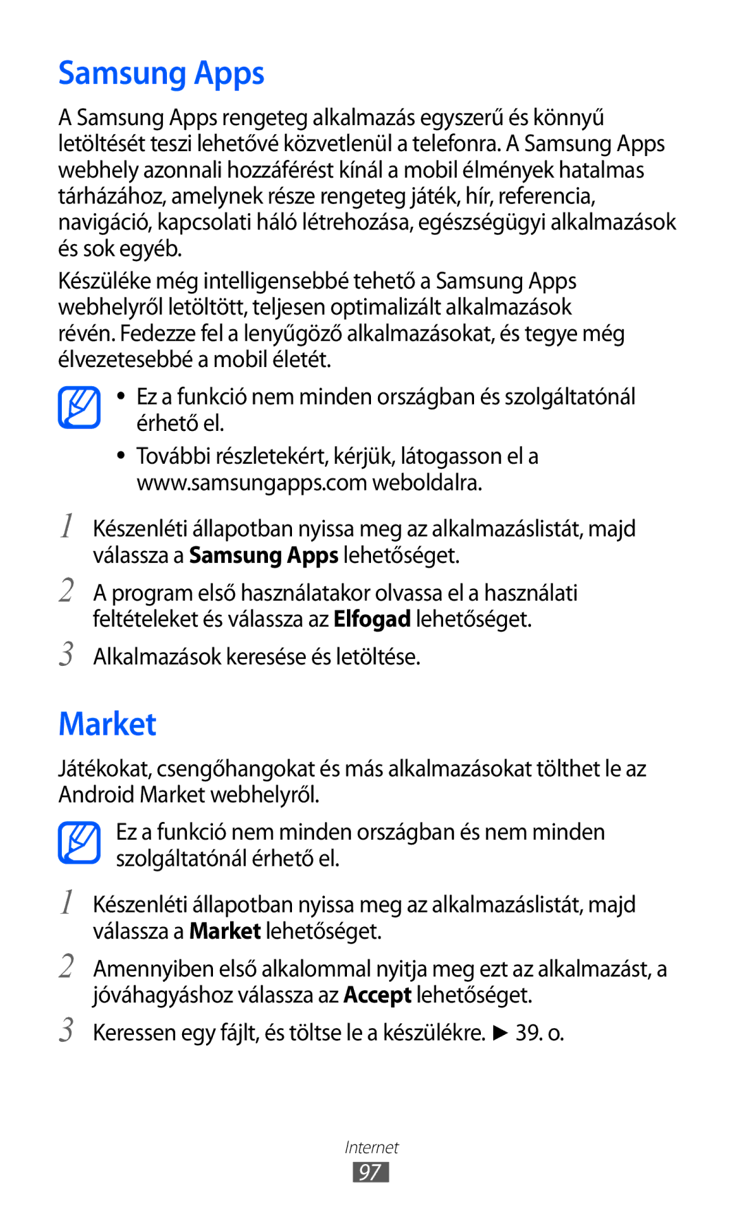 Samsung GT-I8150EWATMH, GT-I8150EWAITV, GT-I8150FKADBT manual Samsung Apps, Market, Alkalmazások keresése és letöltése 