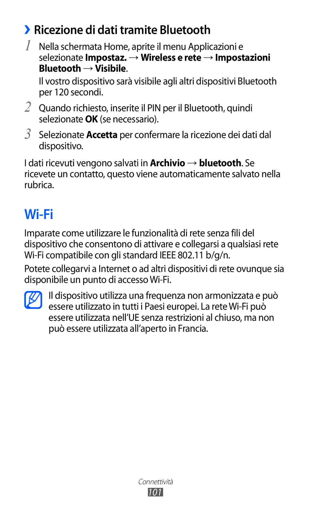 Samsung GT-I8150FKAITV, GT-I8150EWAITV manual Wi-Fi, ››Ricezione di dati tramite Bluetooth, 101 