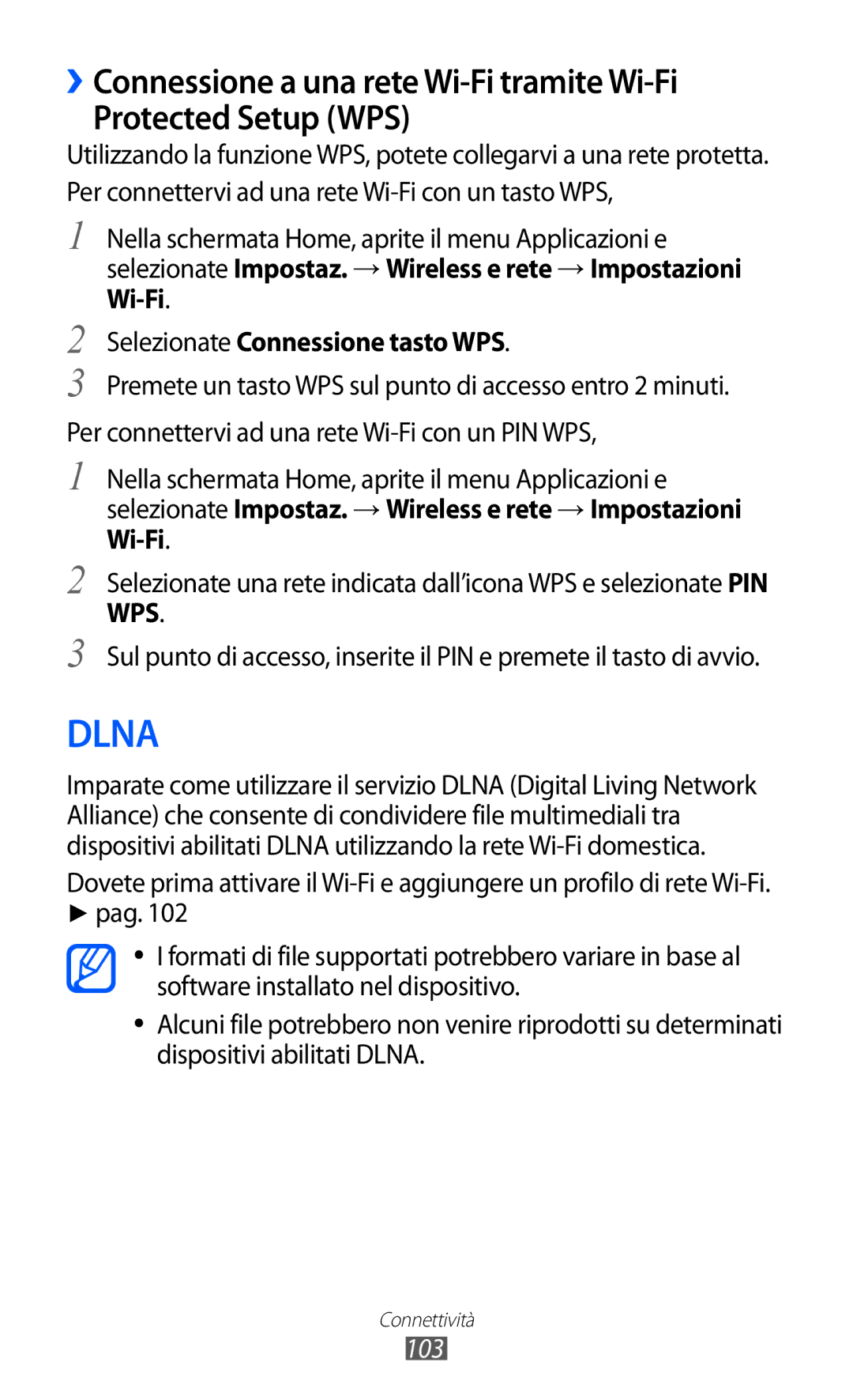 Samsung GT-I8150FKAITV, GT-I8150EWAITV manual Selezionate Connessione tasto WPS, 103 