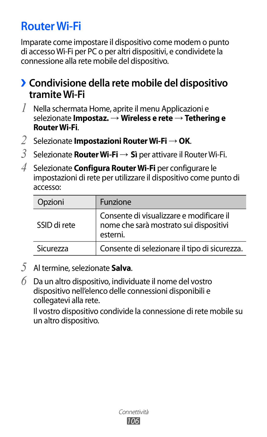 Samsung GT-I8150EWAITV, GT-I8150FKAITV manual Router Wi-Fi Selezionate Impostazioni Router Wi-Fi → OK, 106 