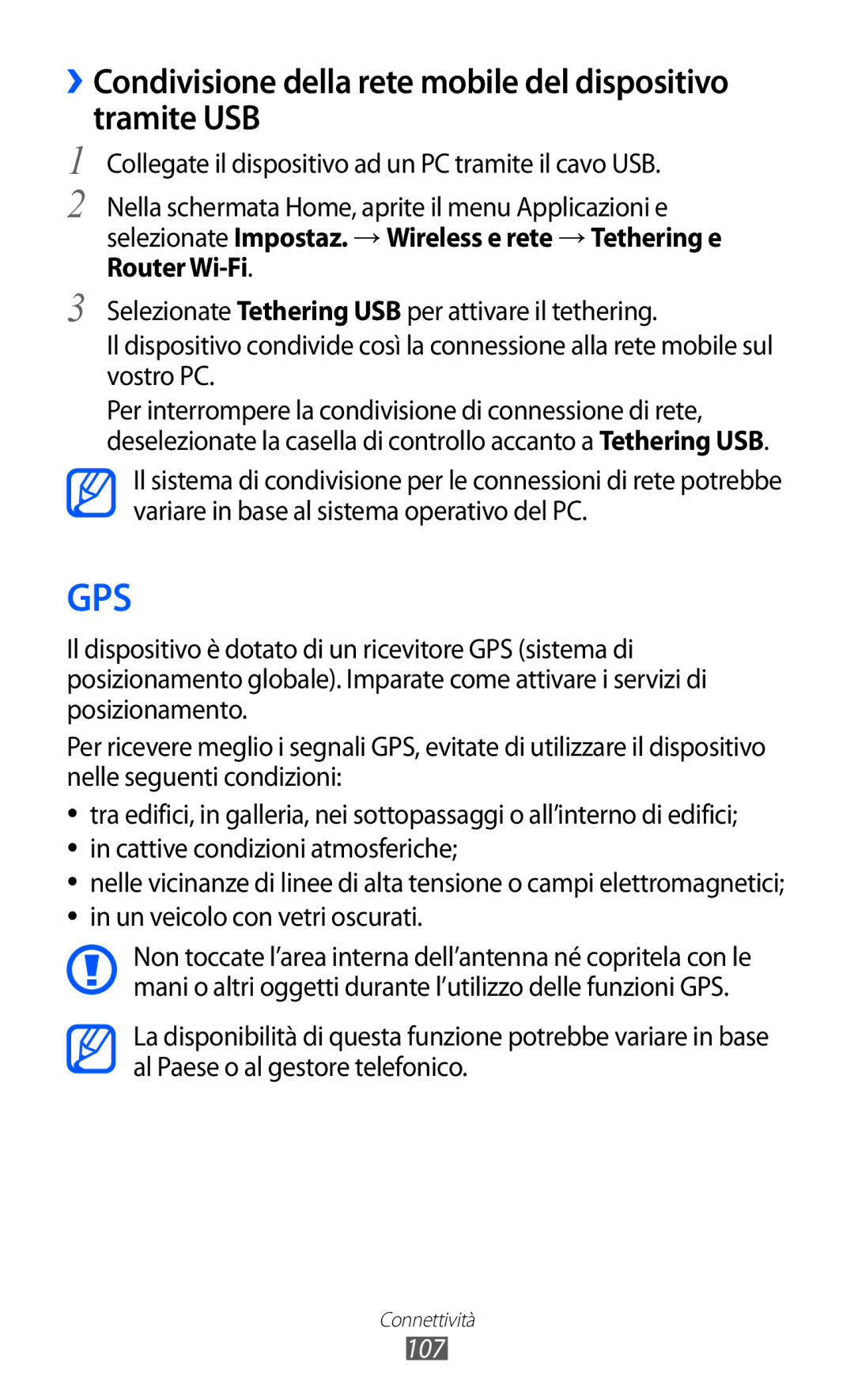 Samsung GT-I8150FKAITV, GT-I8150EWAITV manual ››Condivisione della rete mobile del dispositivo tramite USB, 107 