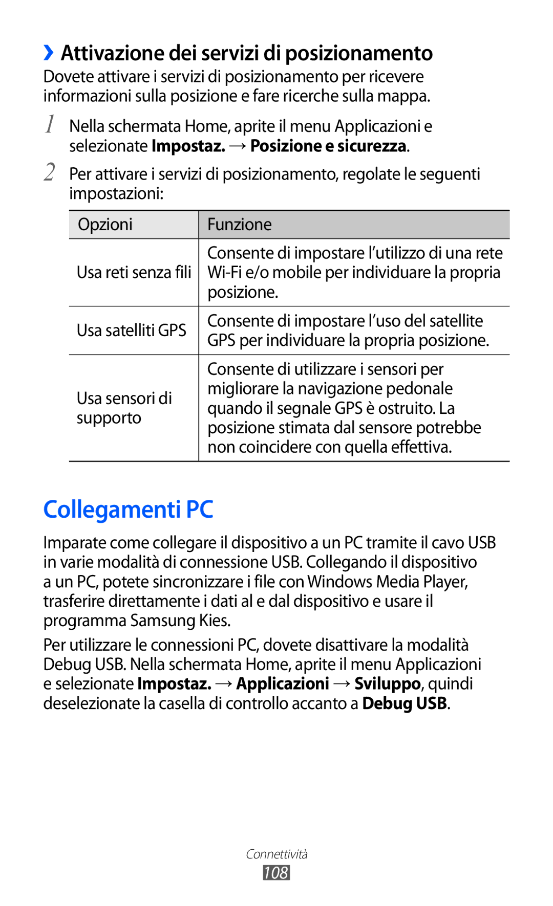 Samsung GT-I8150EWAITV, GT-I8150FKAITV manual Collegamenti PC, ››Attivazione dei servizi di posizionamento, 108 