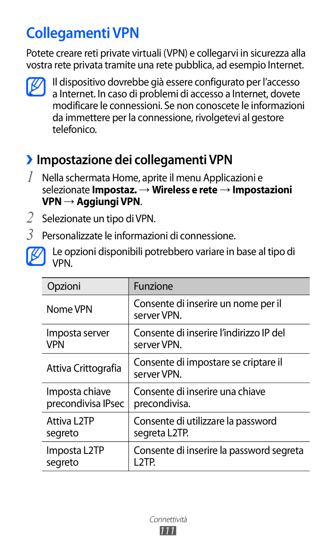 Samsung GT-I8150FKAITV, GT-I8150EWAITV manual Collegamenti VPN, ››Impostazione dei collegamenti VPN, 111 