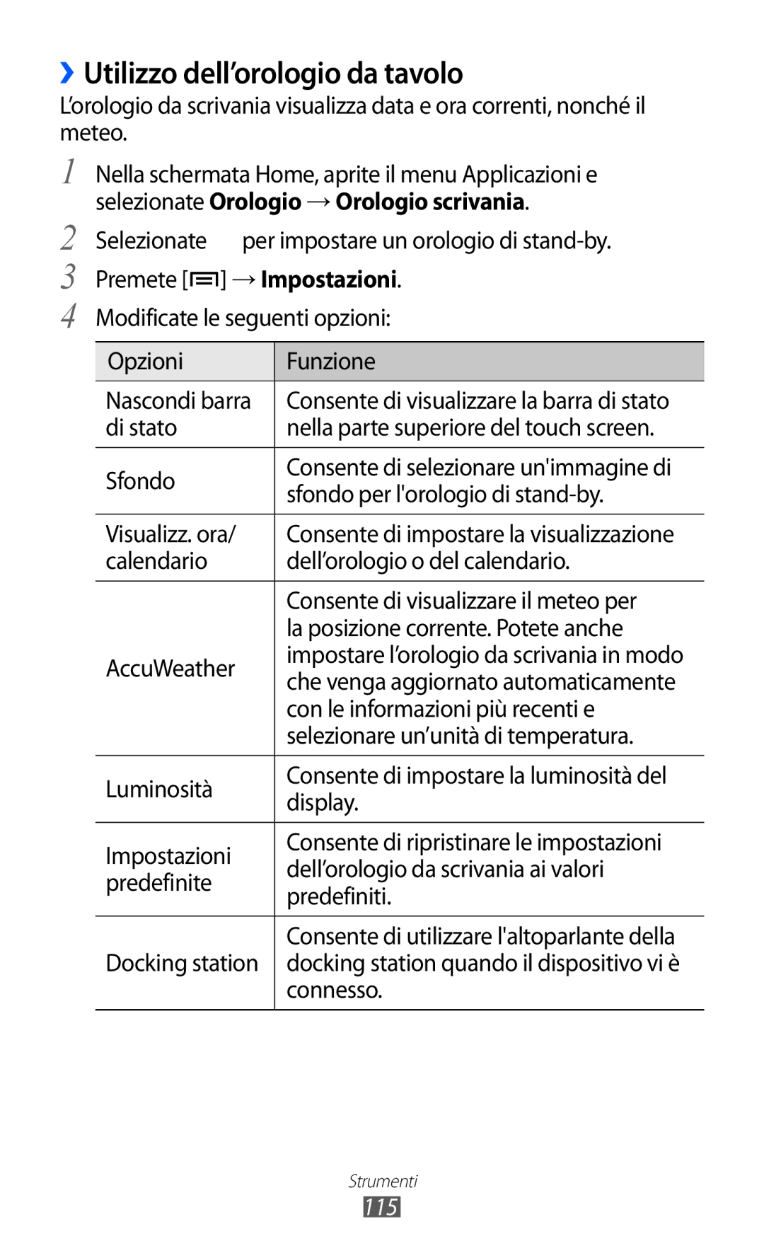 Samsung GT-I8150FKAITV, GT-I8150EWAITV manual ››Utilizzo dell’orologio da tavolo, 115 