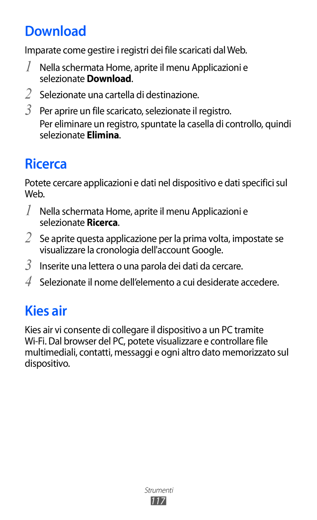 Samsung GT-I8150FKAITV, GT-I8150EWAITV manual Download, Ricerca, Kies air, 117 