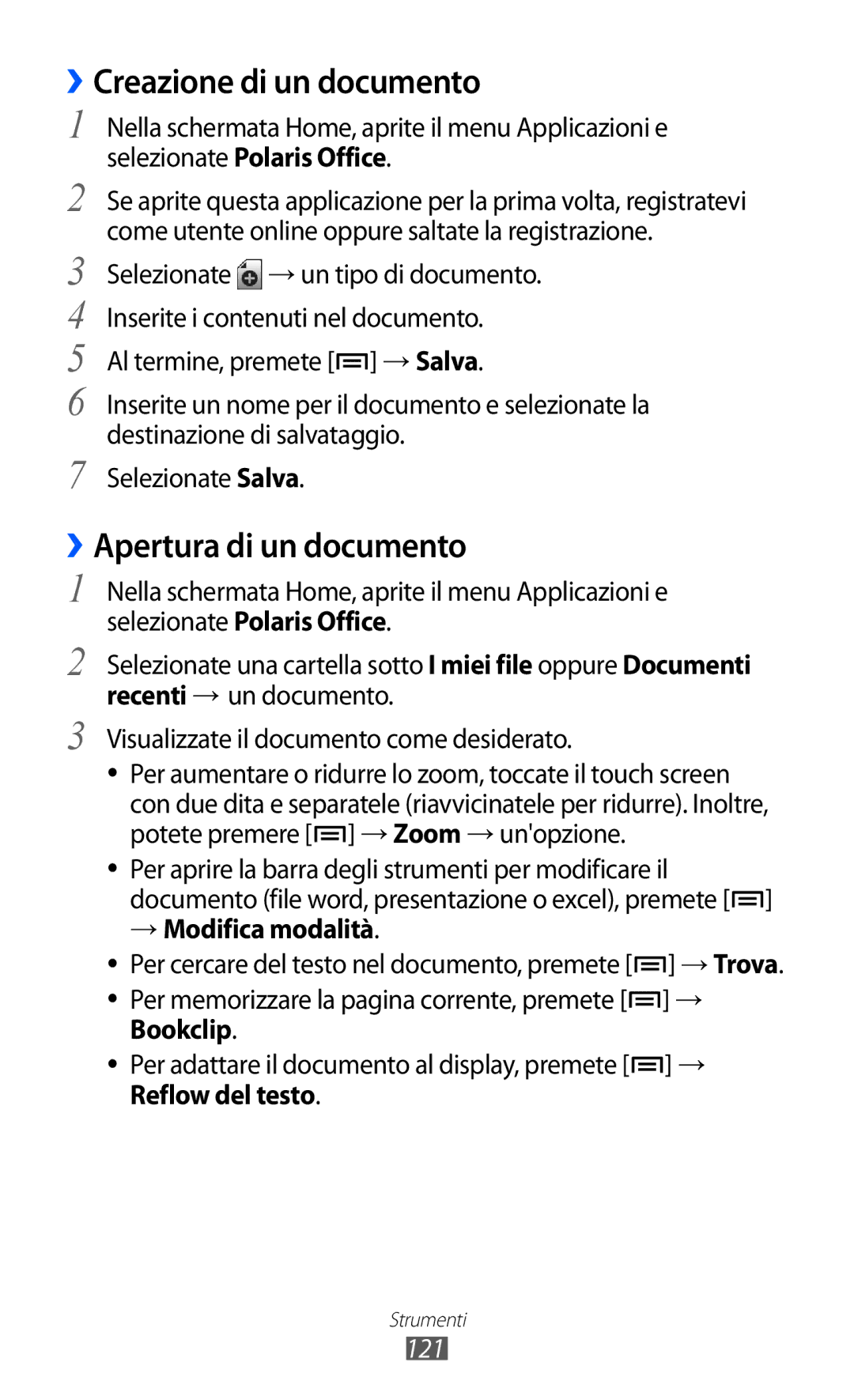 Samsung GT-I8150FKAITV, GT-I8150EWAITV manual ››Creazione di un documento, ››Apertura di un documento, Bookclip, 121 