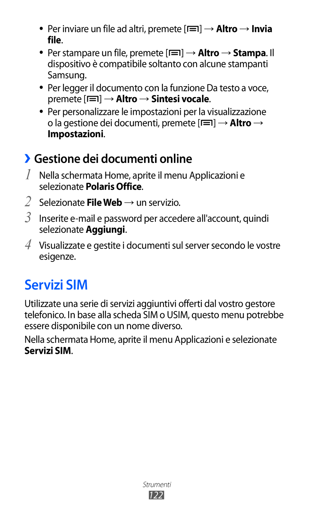 Samsung GT-I8150EWAITV, GT-I8150FKAITV manual Servizi SIM, ››Gestione dei documenti online, 122 