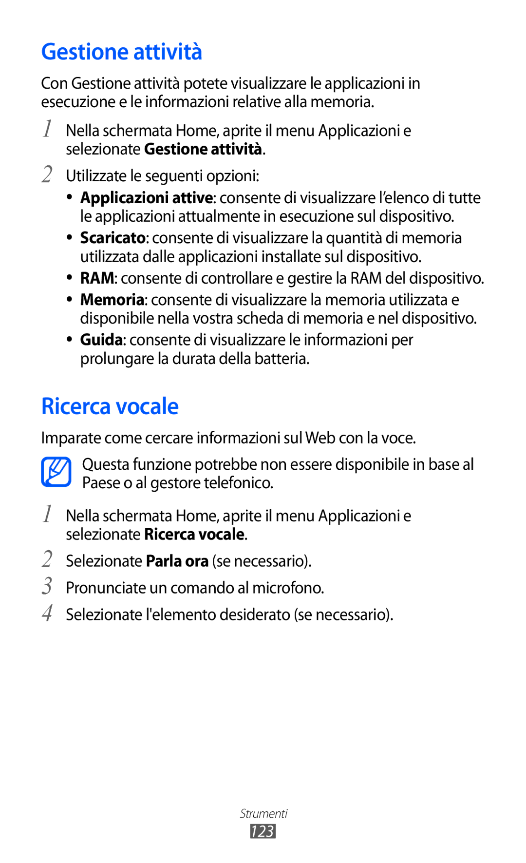 Samsung GT-I8150FKAITV, GT-I8150EWAITV manual Gestione attività, Ricerca vocale, 123 