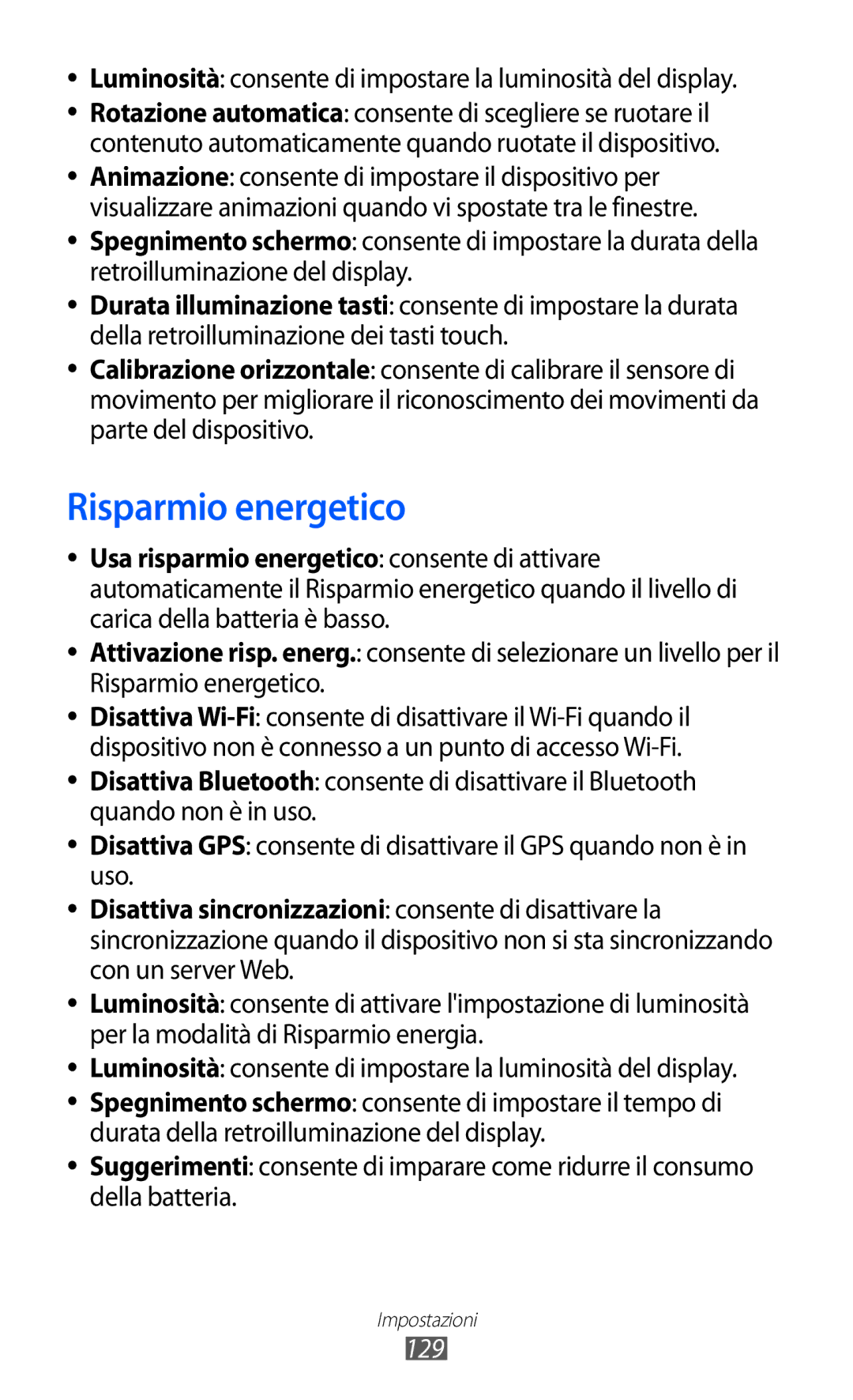 Samsung GT-I8150FKAITV manual Risparmio energetico, Luminosità consente di impostare la luminosità del display, 129 