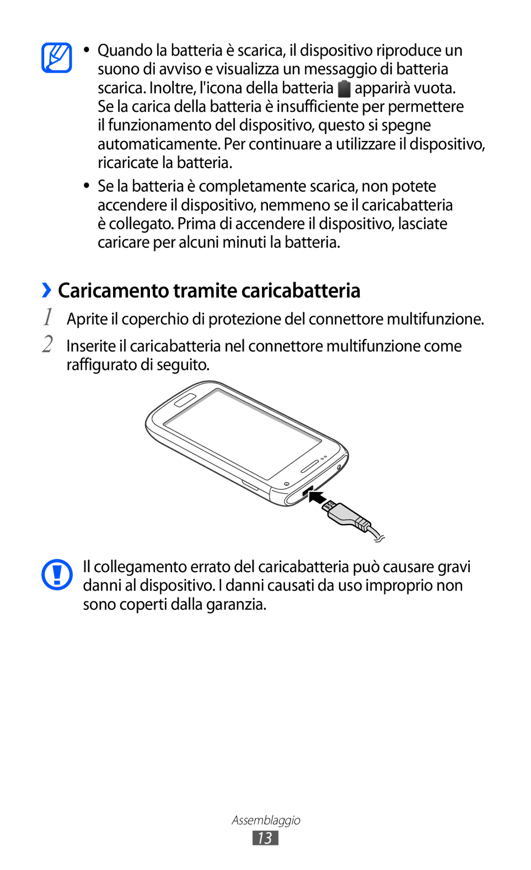 Samsung GT-I8150FKAITV, GT-I8150EWAITV manual ››Caricamento tramite caricabatteria 