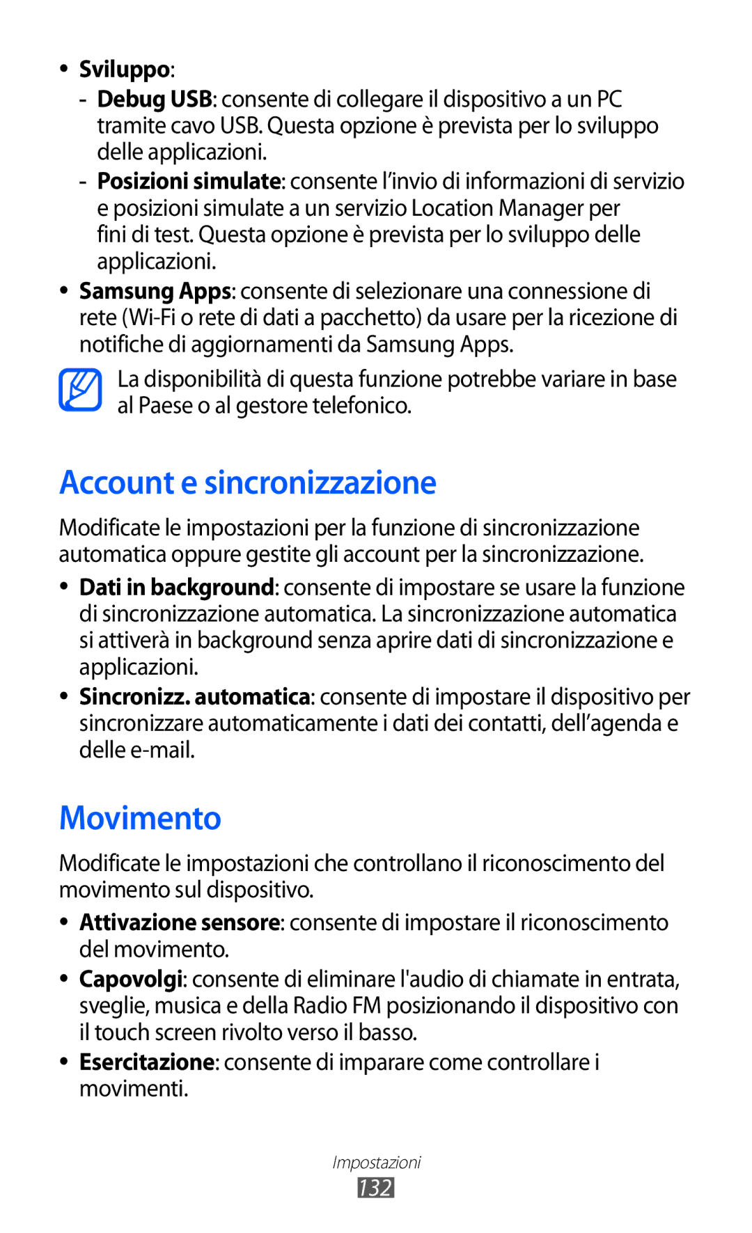 Samsung GT-I8150EWAITV, GT-I8150FKAITV manual Account e sincronizzazione, Movimento, Sviluppo, 132 