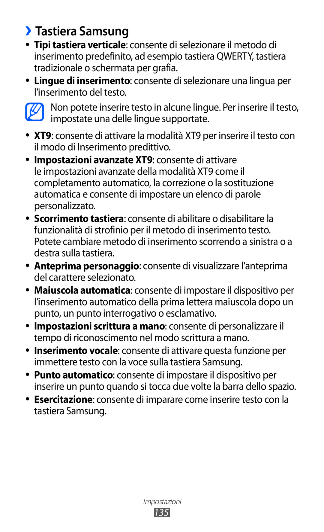 Samsung GT-I8150FKAITV, GT-I8150EWAITV manual ››Tastiera Samsung, 135 