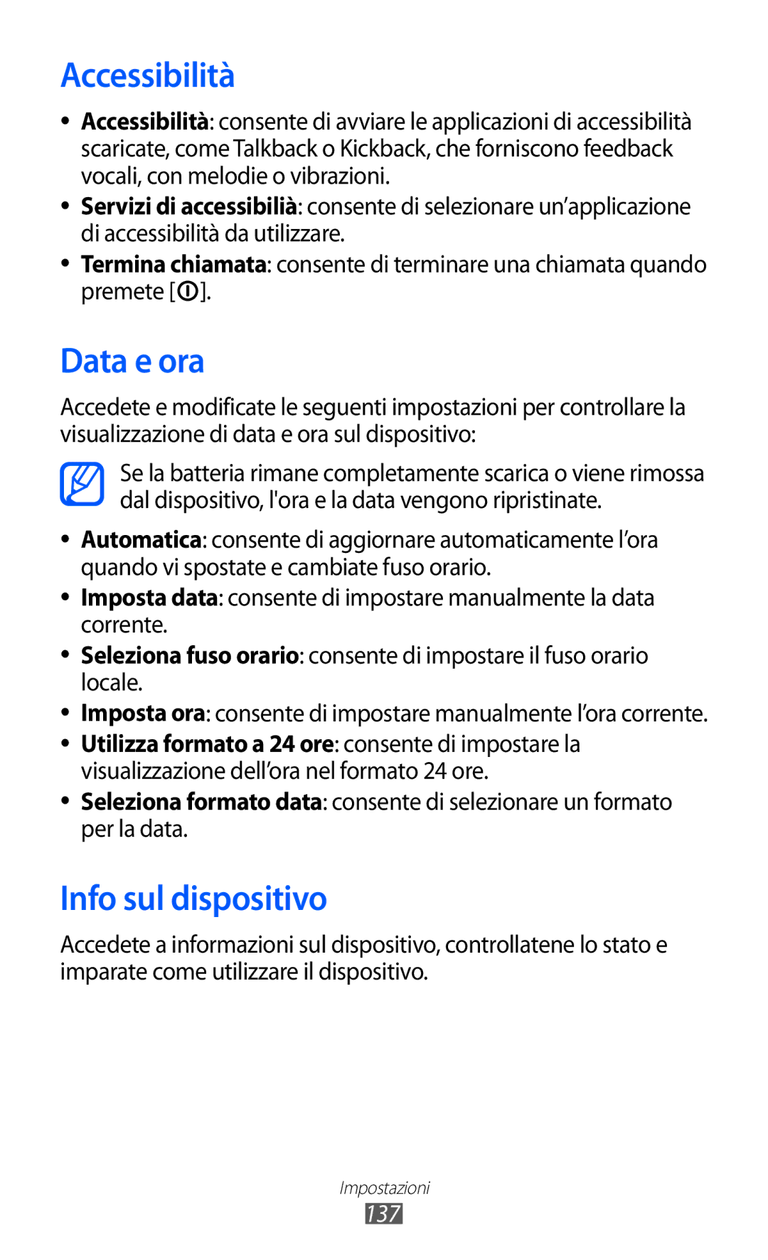 Samsung GT-I8150FKAITV, GT-I8150EWAITV manual Accessibilità, Data e ora, Info sul dispositivo, 137 