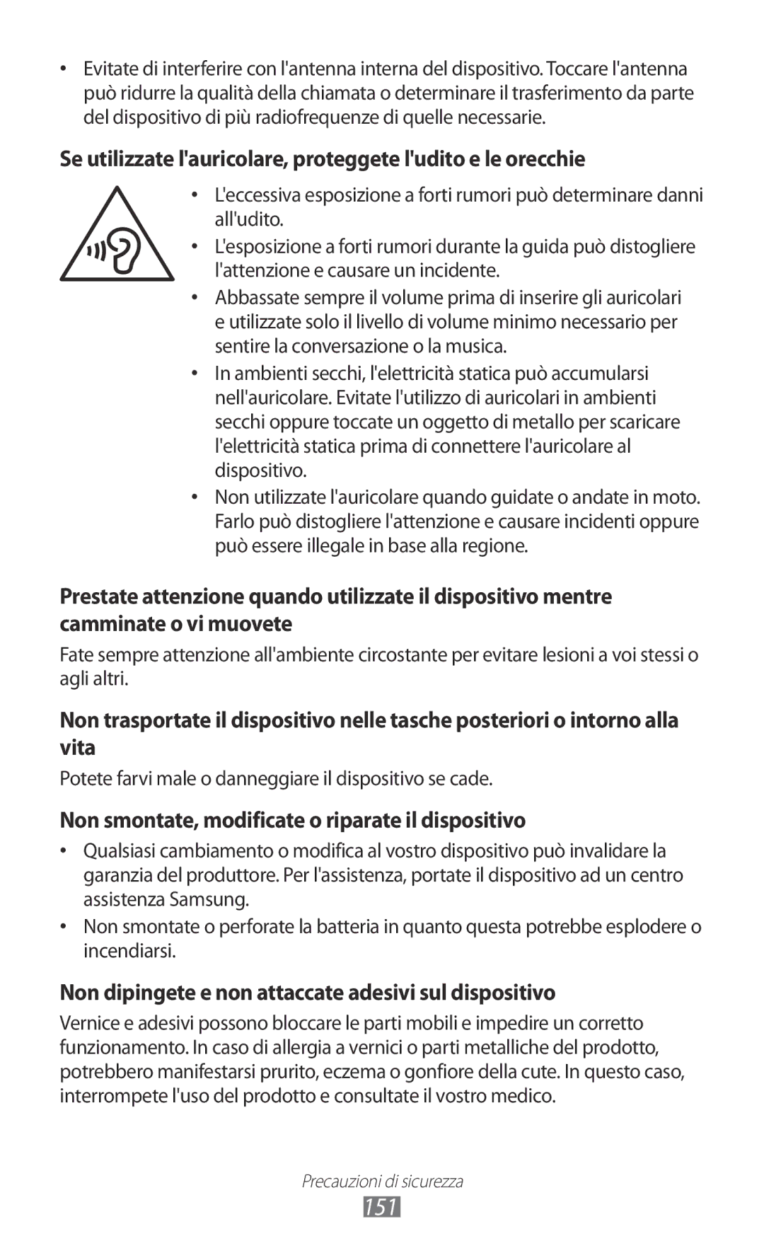 Samsung GT-I8150FKAITV, GT-I8150EWAITV manual 151, Se utilizzate lauricolare, proteggete ludito e le orecchie 