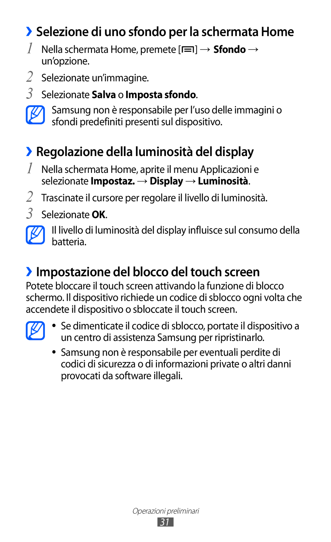 Samsung GT-I8150FKAITV manual ››Regolazione della luminosità del display, ››Impostazione del blocco del touch screen 