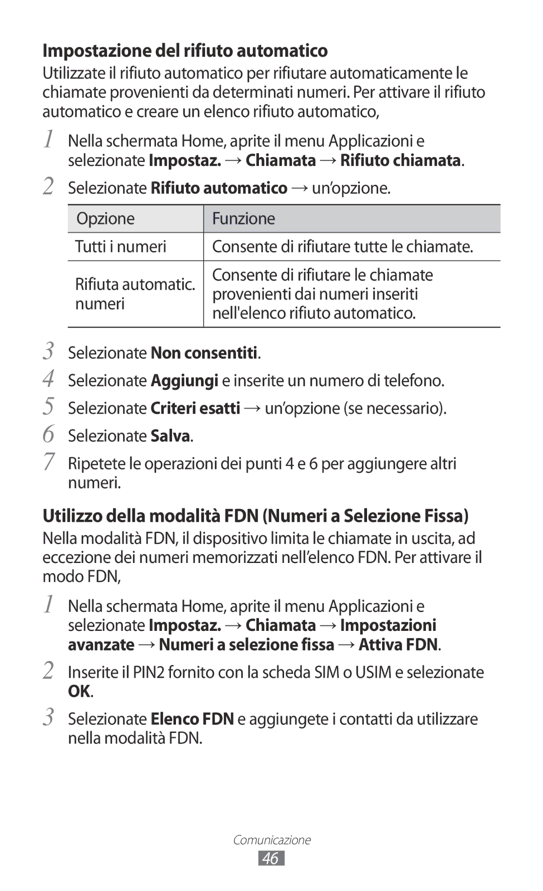 Samsung GT-I8150EWAITV, GT-I8150FKAITV manual Consente di rifiutare le chiamate, Selezionate Non consentiti 