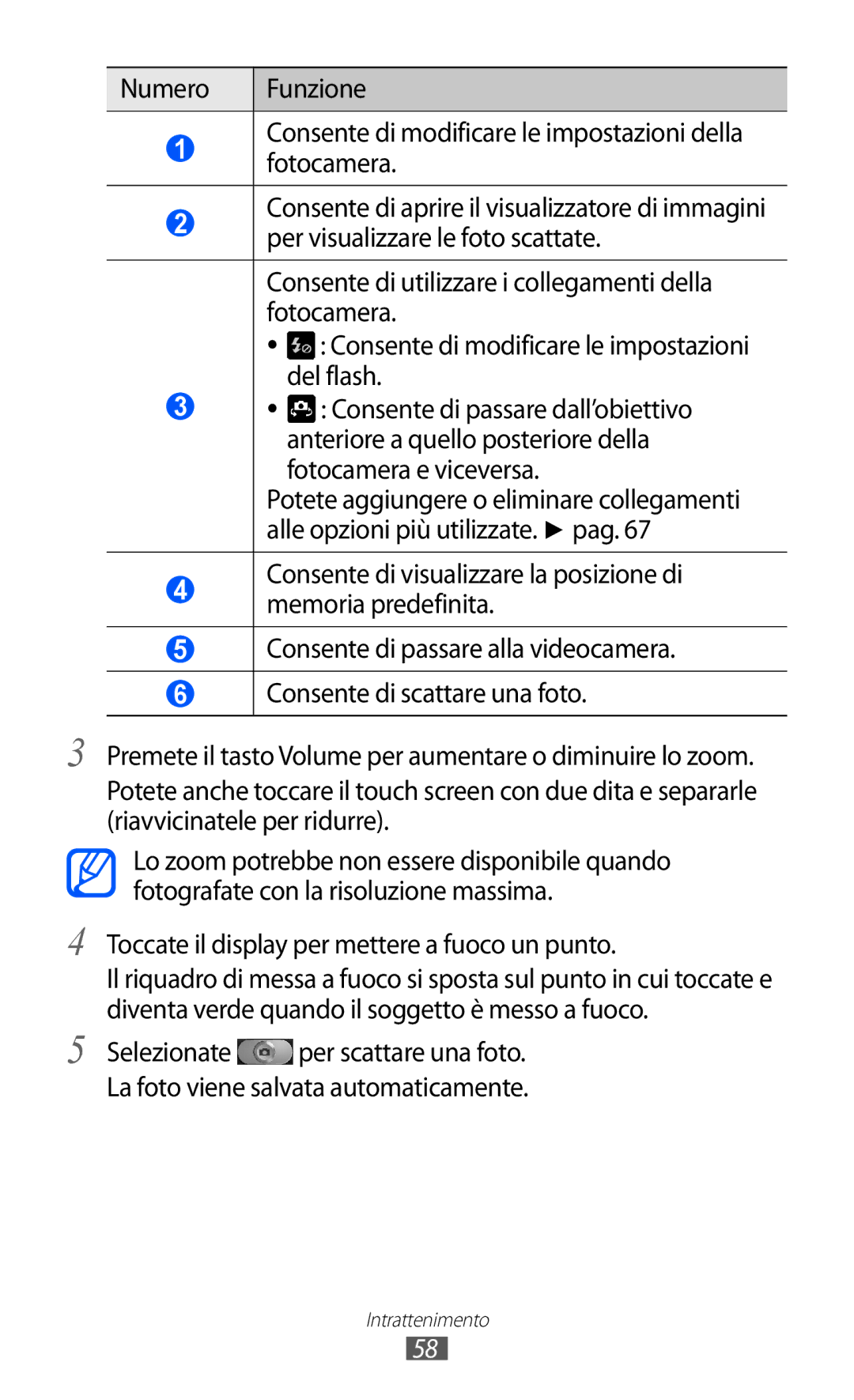 Samsung GT-I8150EWAITV, GT-I8150FKAITV manual Toccate il display per mettere a fuoco un punto 