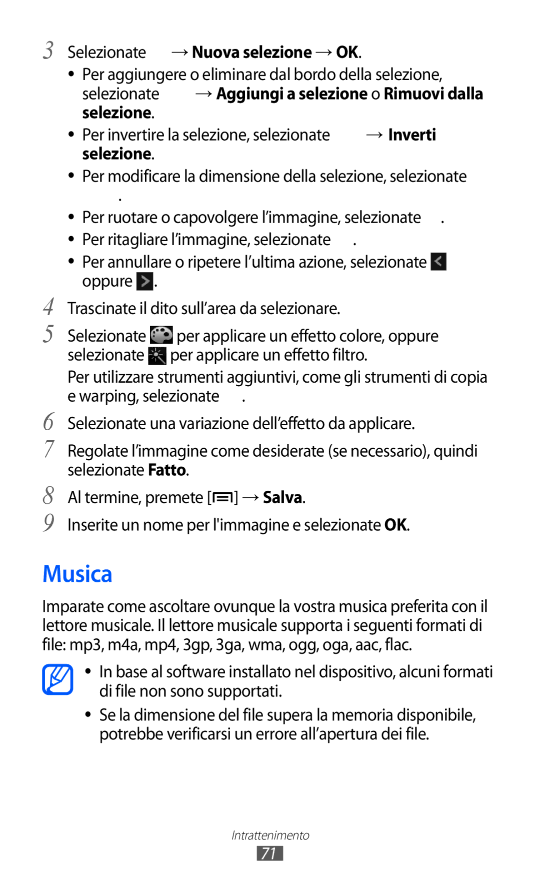 Samsung GT-I8150FKAITV, GT-I8150EWAITV manual Musica, Selezione, Per modificare la dimensione della selezione, selezionate 