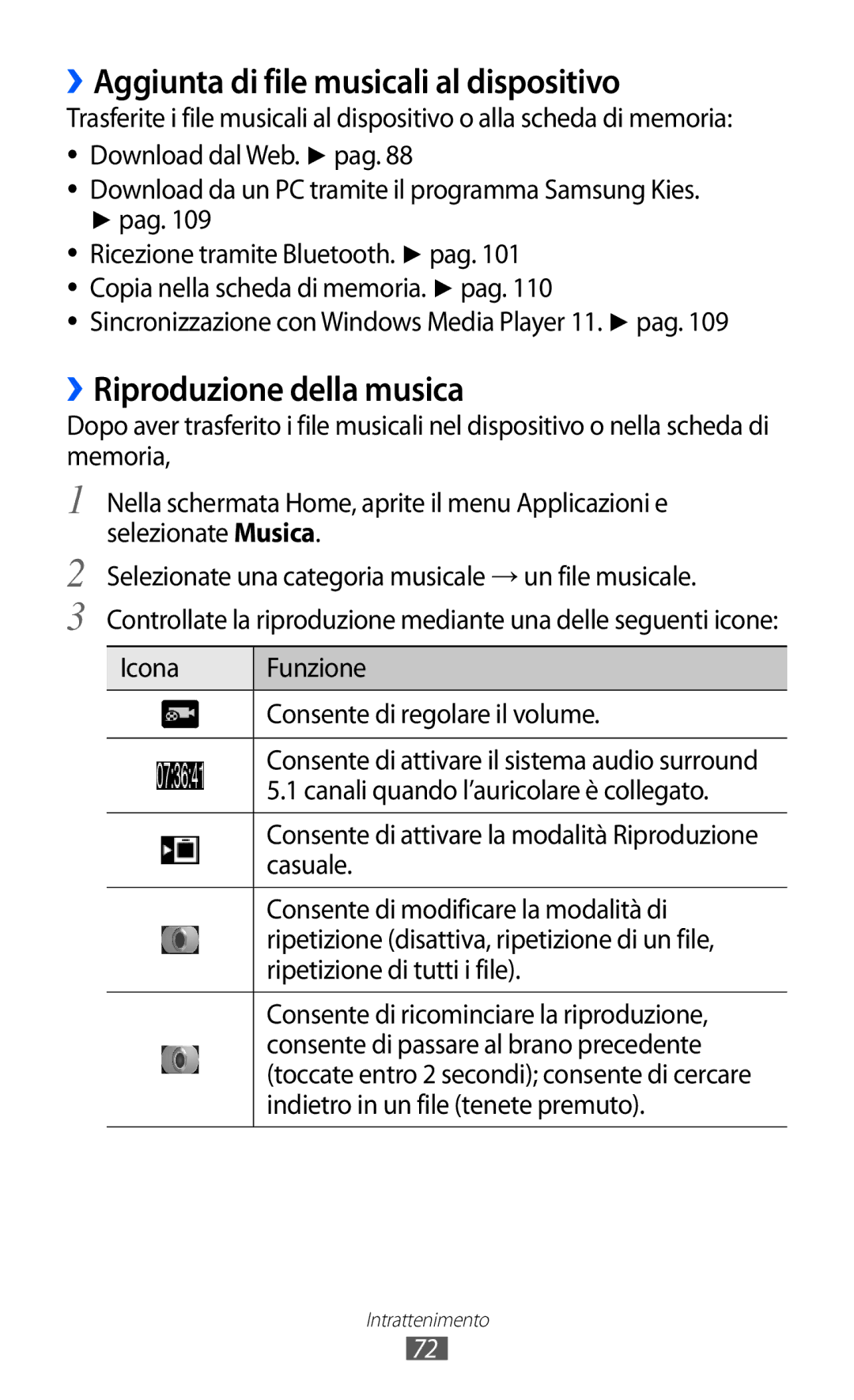 Samsung GT-I8150EWAITV, GT-I8150FKAITV manual ››Aggiunta di file musicali al dispositivo, ››Riproduzione della musica 