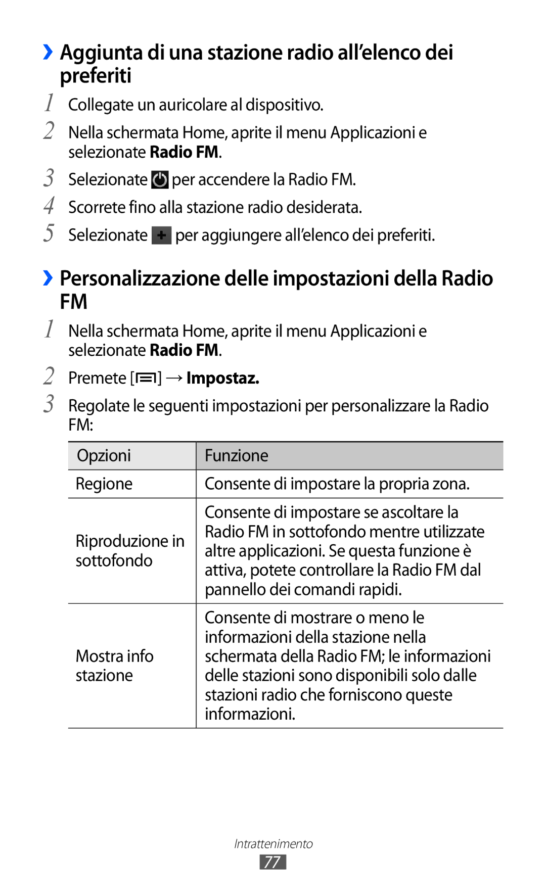 Samsung GT-I8150FKAITV, GT-I8150EWAITV manual ››Aggiunta di una stazione radio all’elenco dei preferiti 