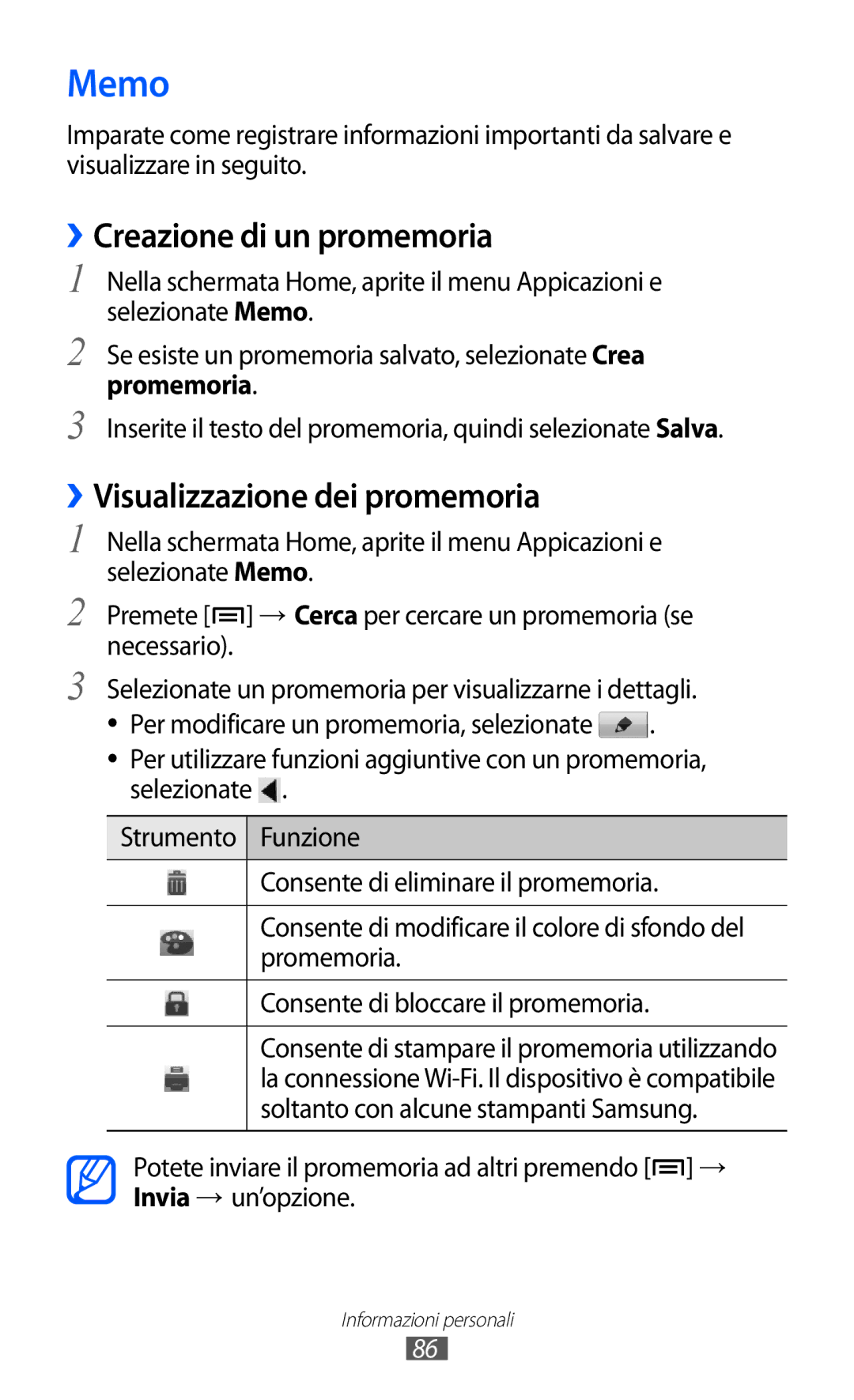 Samsung GT-I8150EWAITV, GT-I8150FKAITV manual Memo, ››Creazione di un promemoria, ››Visualizzazione dei promemoria 