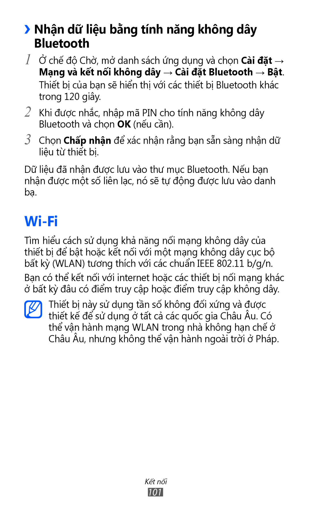 Samsung GT-I8150FKAXEV, GT-I8150EWAXXV, GT-I8150FKAXXV manual Wi-Fi, ››Nhận dữ liệu bằng tính năng không dây Bluetooth 