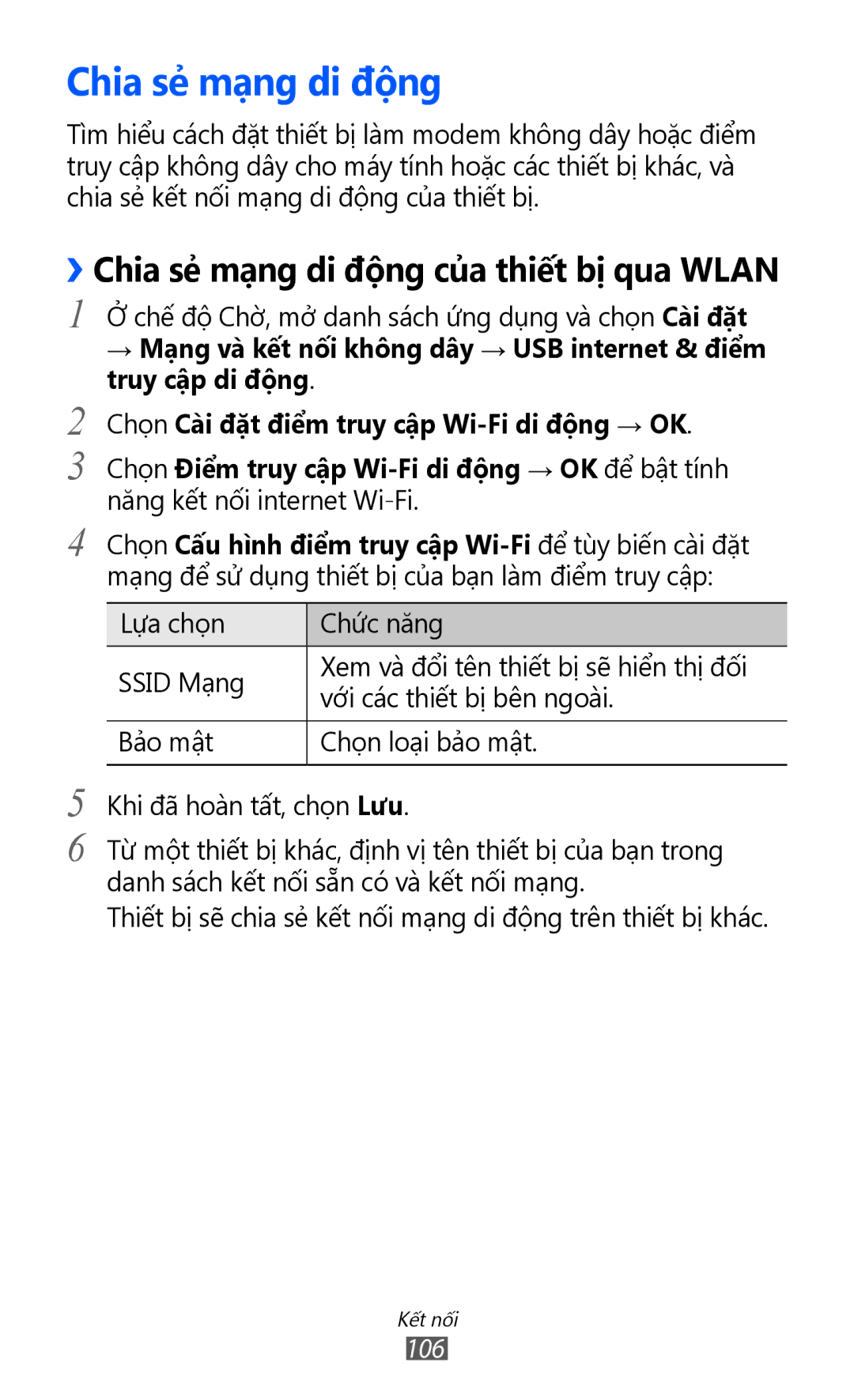 Samsung GT-I8150FKAXEV, GT-I8150EWAXXV, GT-I8150FKAXXV, GT-I8150MAAXXV manual ››Chia sẻ mạng di động của thiết bị qua Wlan 