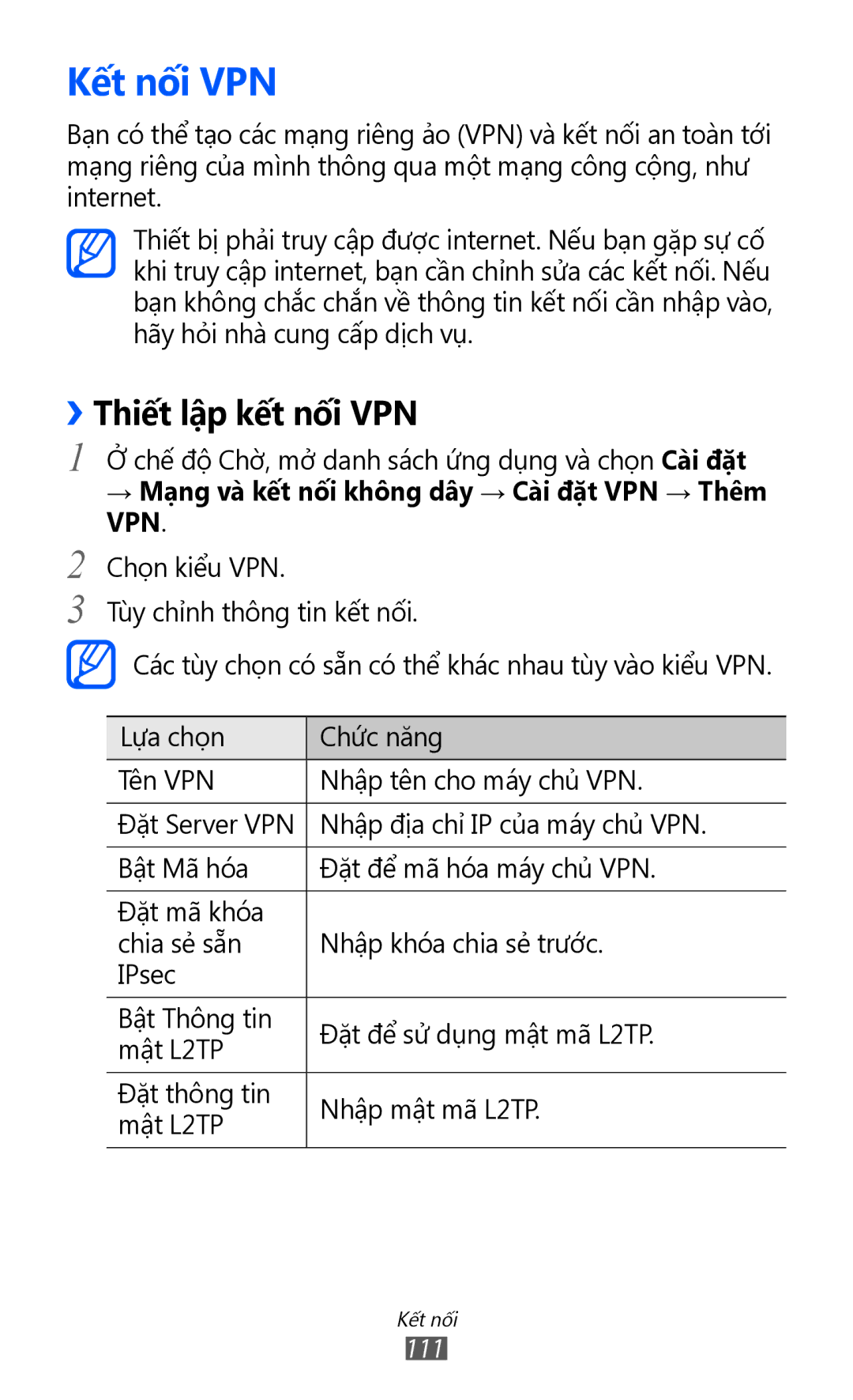 Samsung GT-I8150FKAXEV manual Kết nối VPN, ››Thiết lập kết nối VPN, → Mạng và kết nối không dây → Cài đặt VPN → Thêm 