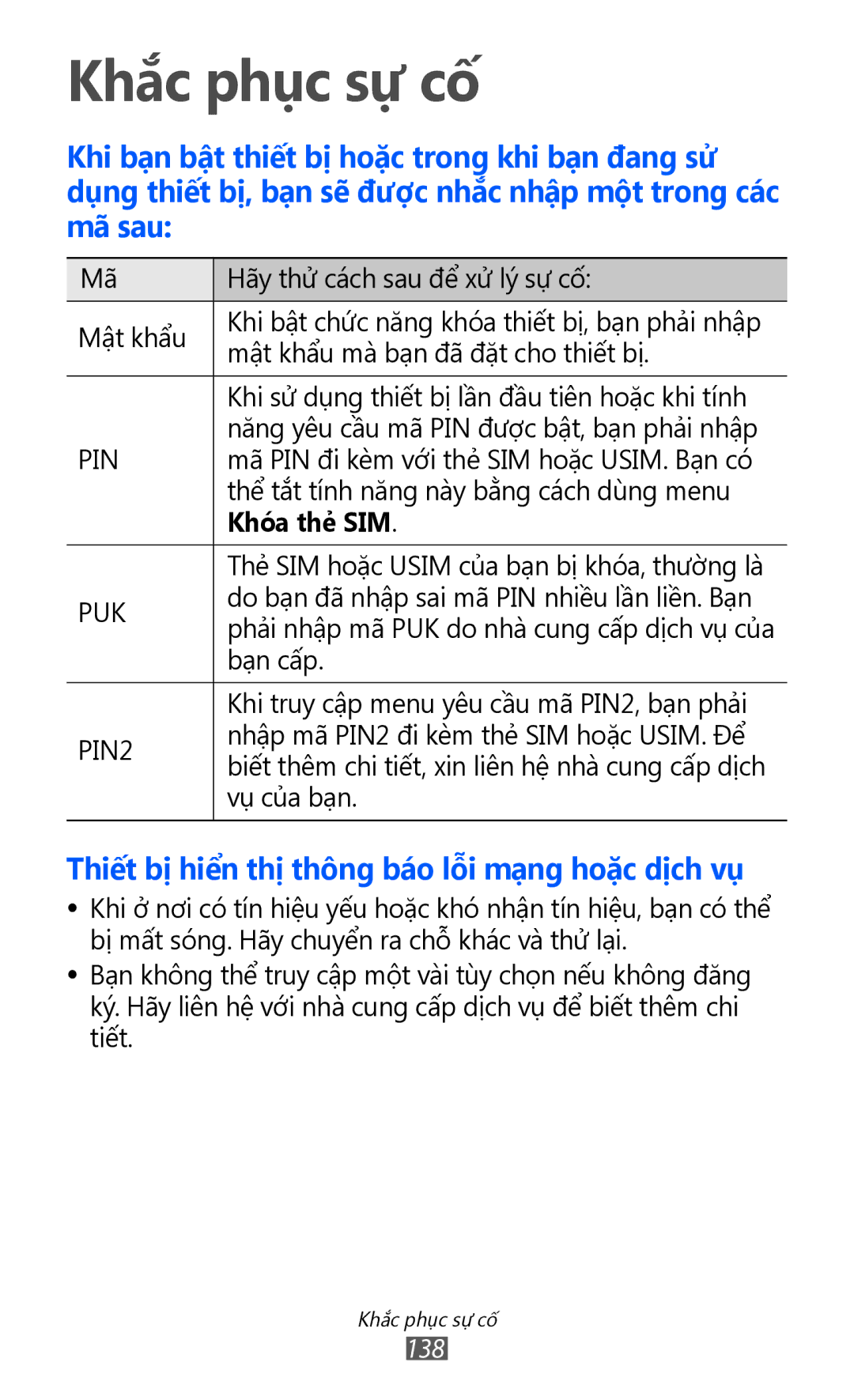 Samsung GT-I8150MAAXXV, GT-I8150EWAXXV, GT-I8150FKAXEV, GT-I8150FKAXXV, GT-I8150EWAXEV manual Khắc phục sự cố, Khóa the SIM 