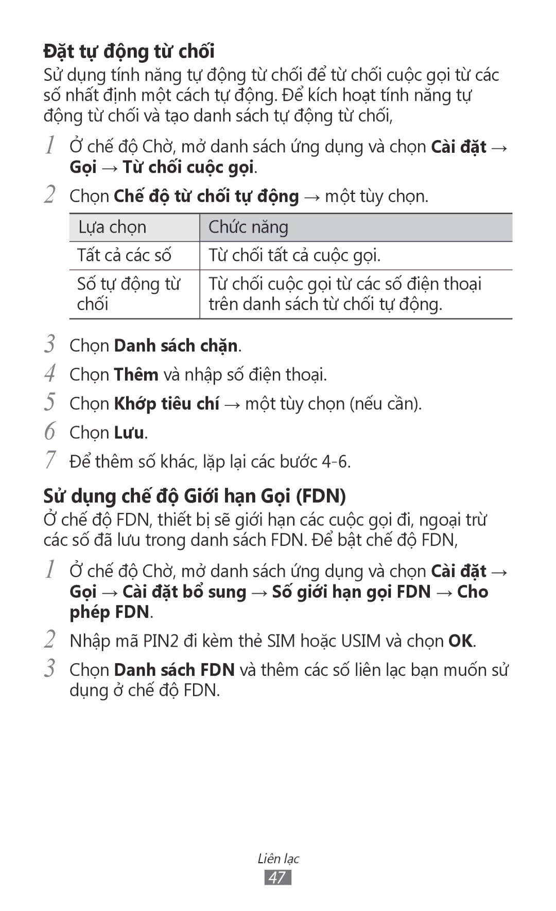 Samsung GT-I8150FKAXXV, GT-I8150EWAXXV, GT-I8150FKAXEV manual Chọn Chế độ từ chối tự động → một tùy chọn, Chọn Danh sách chăn 