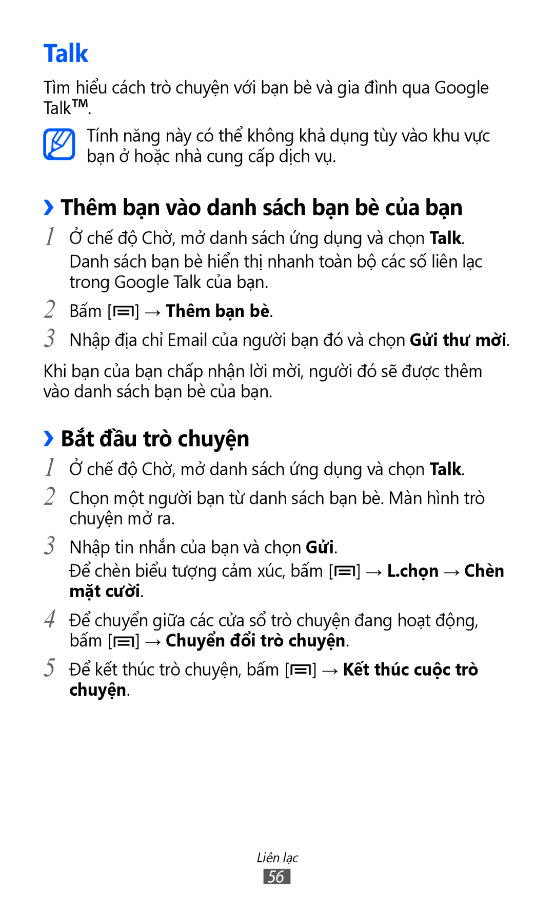 Samsung GT-I8150FKAXEV manual Talk, ››Thêm bạn vào danh sách bạn bè của bạn, ››Bắt đầu trò chuyện, Bấm → Thêm bạn be 