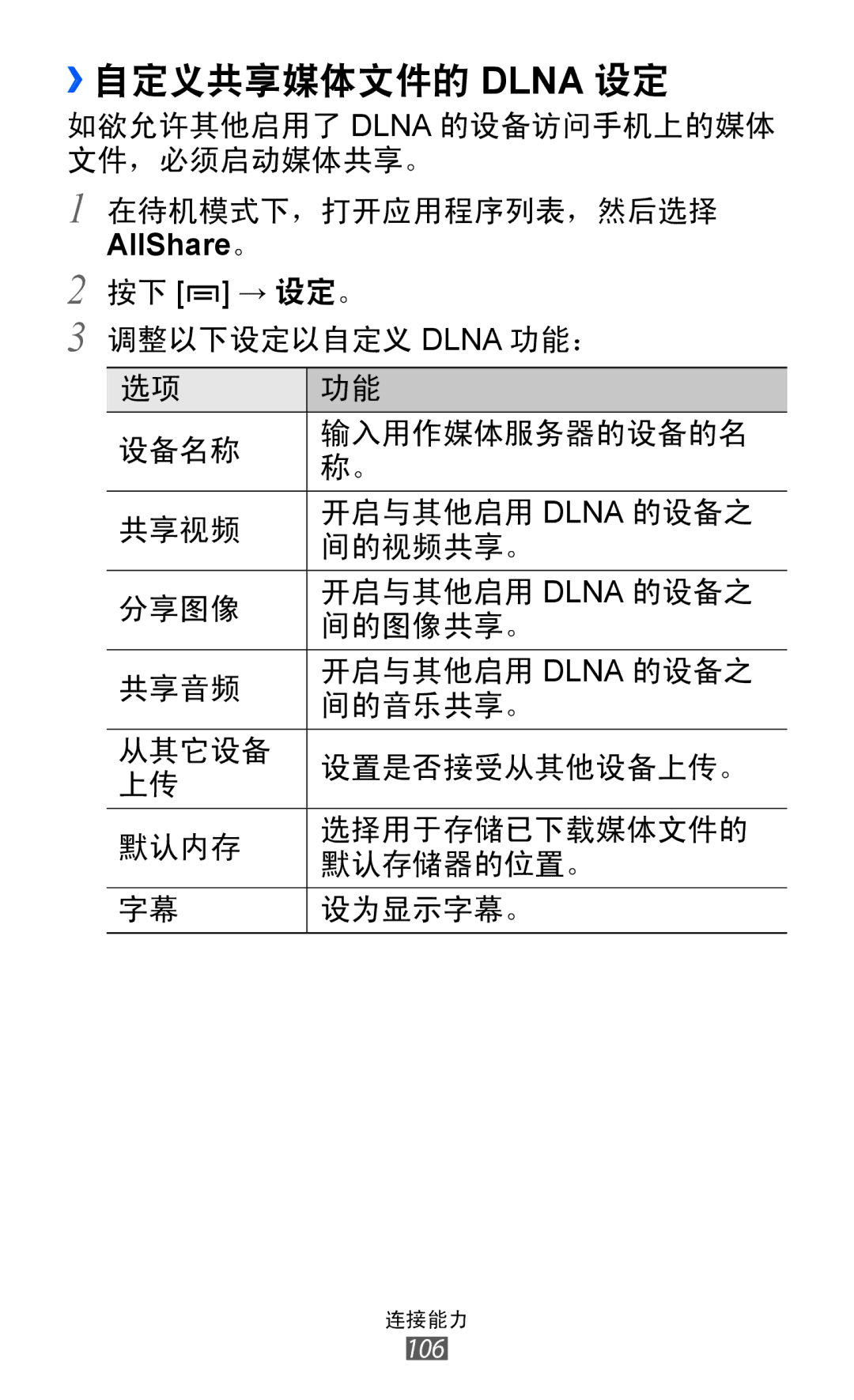 Samsung GT-I8150FKAXEV, GT-I8150EWAXXV, GT-I8150FKAXXV, GT-I8150MAAXXV, GT-I8150EWAXEV manual ››自定义共享媒体文件的 Dlna 设定, AllShare。 