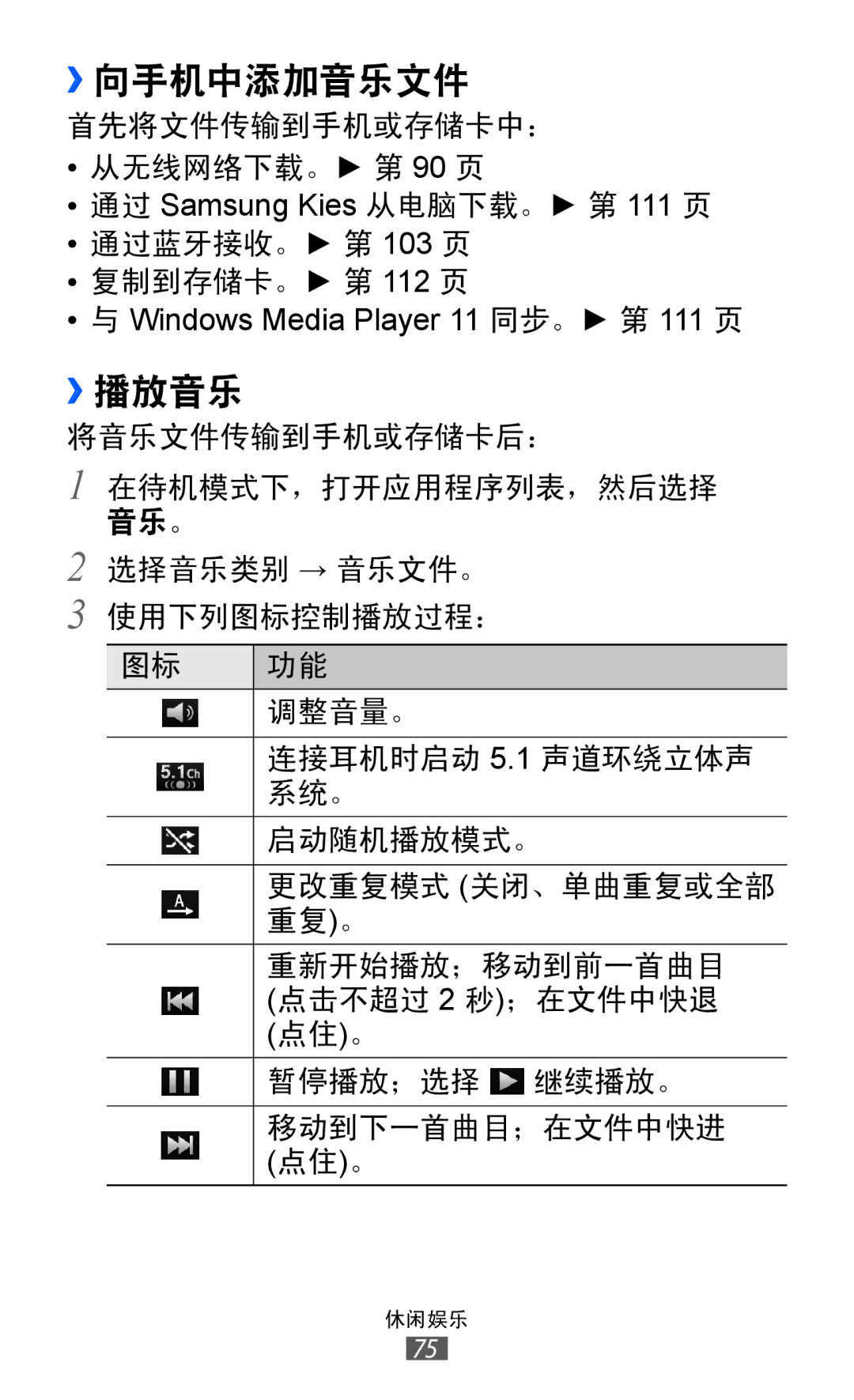 Samsung GT-I8150EWAXXV, GT-I8150FKAXEV, GT-I8150FKAXXV, GT-I8150MAAXXV, GT-I8150EWAXEV manual ››向手机中添加音乐文件, ››播放音乐 