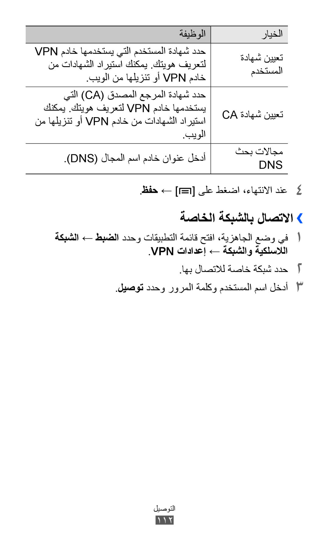 Samsung GT-I8150FKAJED, GT-I8150FKAKSA manual ةصاخلا ةكبشلاب لاصتلاا››, ةفيظولا رايخلا, ظفح, ىلع طغضا ،ءاهتنلاا دنع 4 