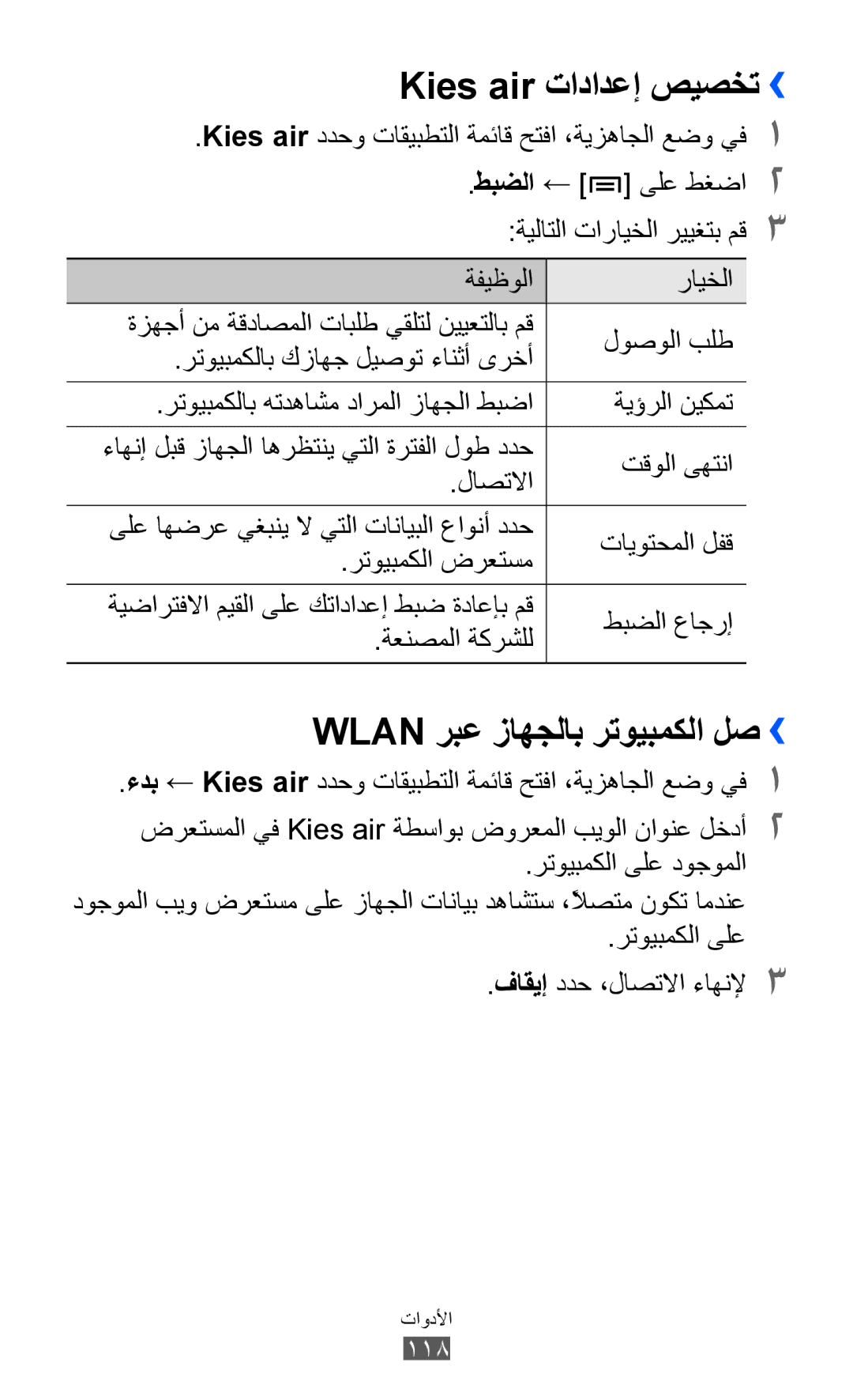 Samsung GT-I8150EWAXSG, GT-I8150FKAKSA, GT-I8150FKAXSG manual Kies air تادادعإ صيصخت››, Wlan ربع زاهجلاب رتويبمكلا لص›› 