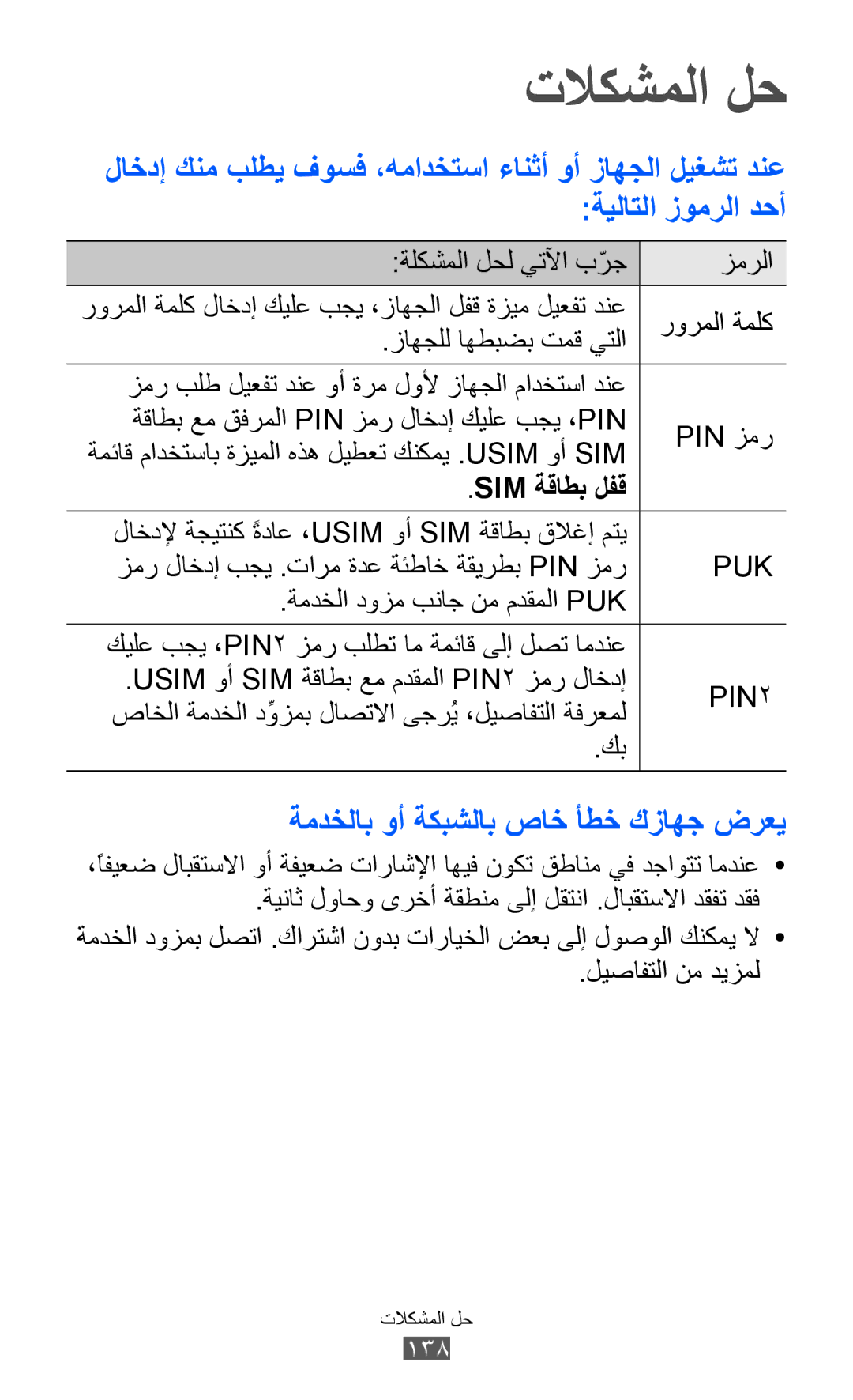 Samsung GT-I8150MAAJED, GT-I8150FKAKSA, GT-I8150FKAXSG تلاكشملا لح, ةمدخلاب وأ ةكبشلاب صاخ أطخ كزاهج ضرعي, Sim ةقاطب لفق 