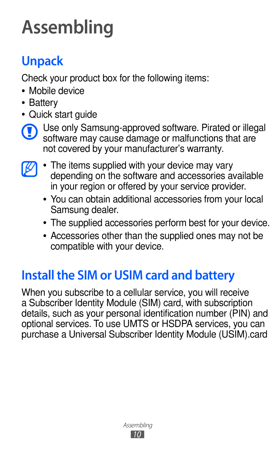 Samsung GT-I8150EWAXSG, GT-I8150FKAKSA, GT-I8150FKAXSG, GT-I8150EWAMID, GT-I8150FKAEGY, GT-I8150FKAJED manual Assembling, Unpack 