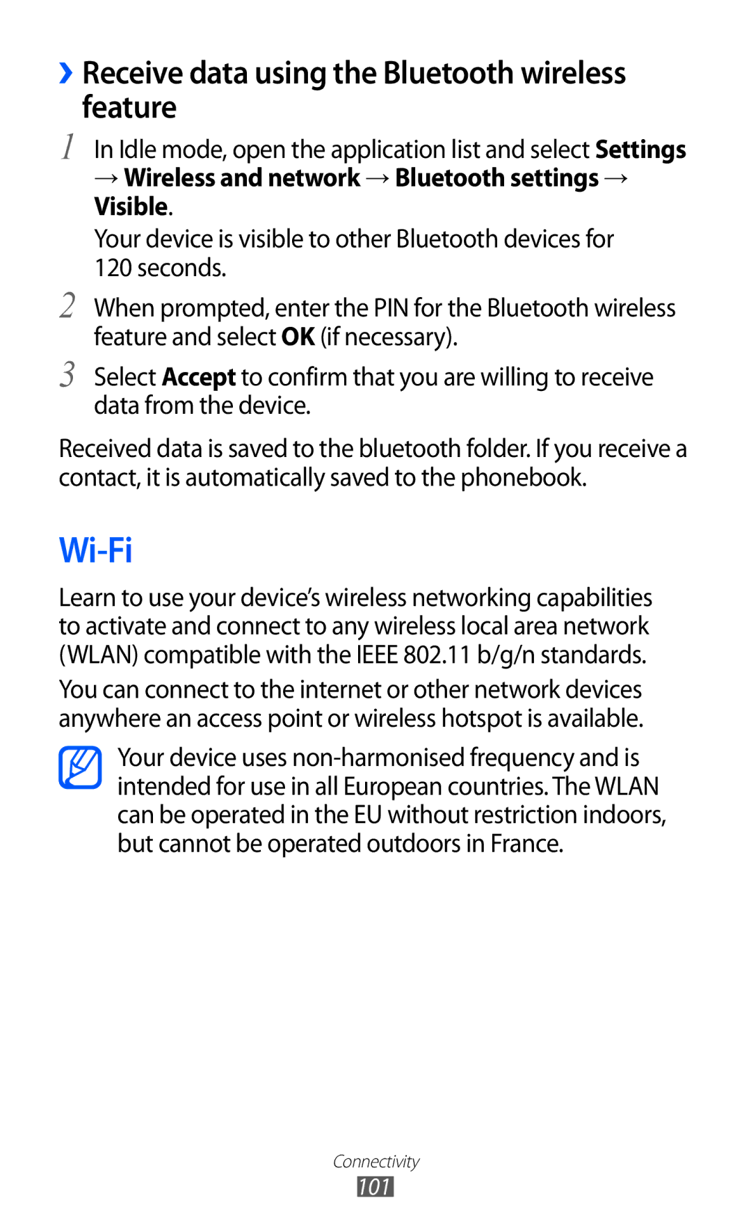 Samsung GT-I8150FKAXSG, GT-I8150FKAKSA, GT-I8150EWAMID manual Wi-Fi, ››Receive data using the Bluetooth wireless feature 