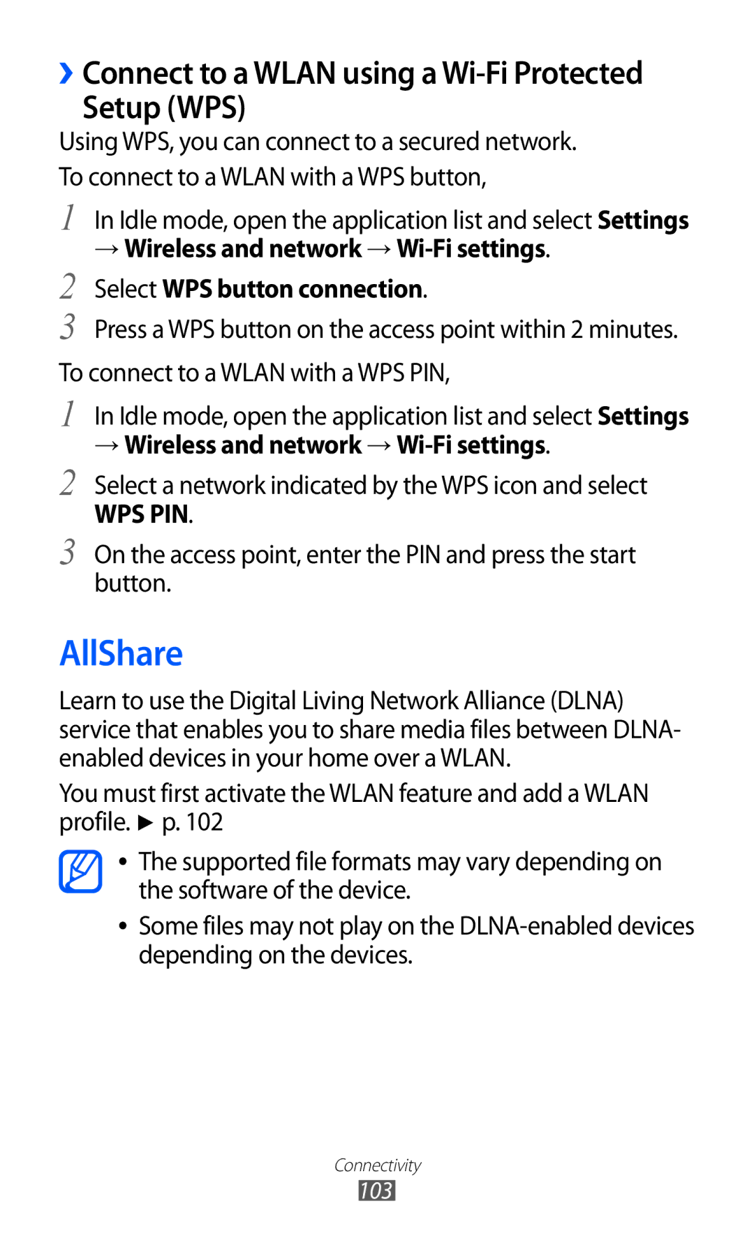 Samsung GT-I8150FKAEGY, GT-I8150FKAKSA manual AllShare, Setup WPS, Select a network indicated by the WPS icon and select 