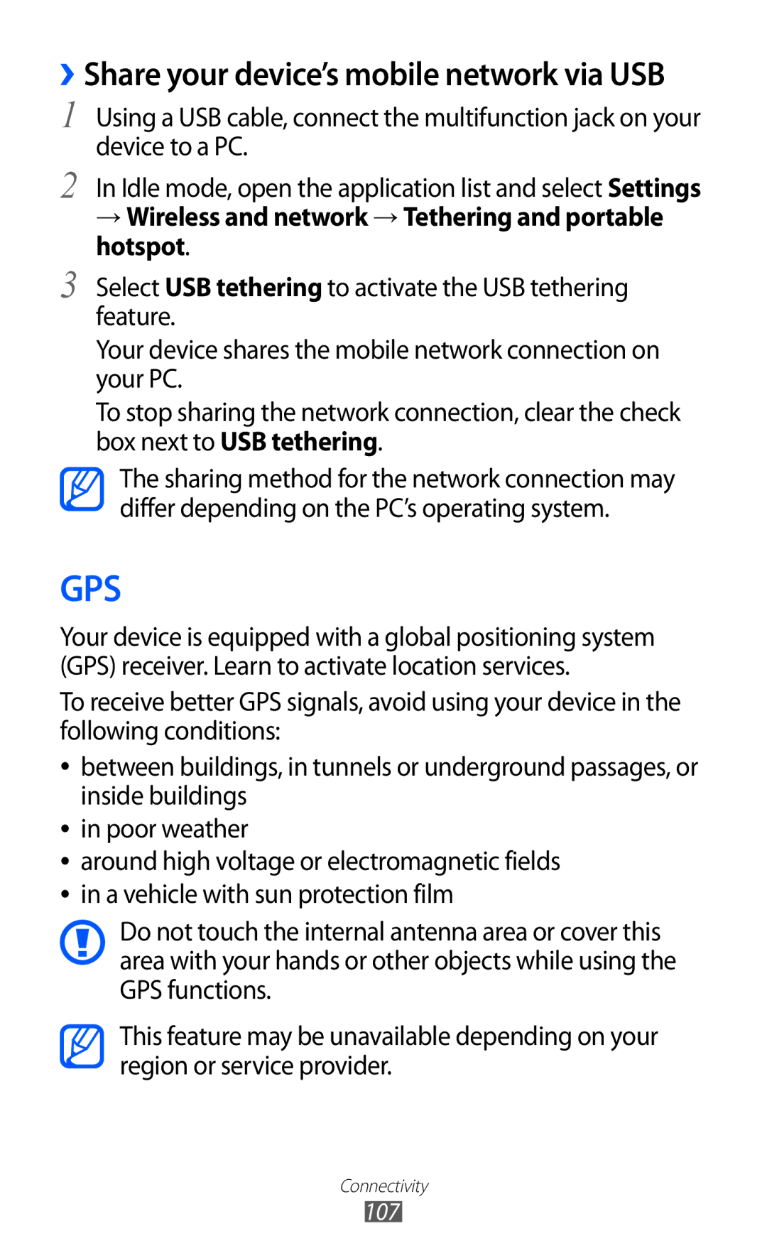 Samsung GT-I8150EWAKSA, GT-I8150FKAKSA, GT-I8150FKAXSG, GT-I8150EWAMID manual ››Share your device’s mobile network via USB 