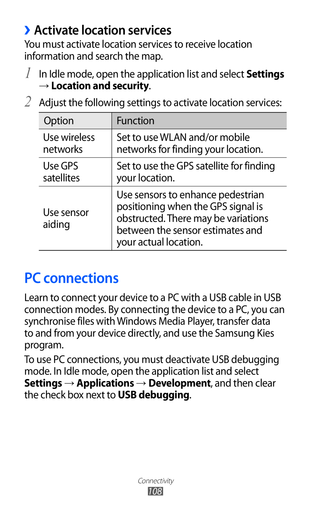 Samsung GT-I8150MAAXSG, GT-I8150FKAKSA manual PC connections, ››Activate location services, → Location and security 