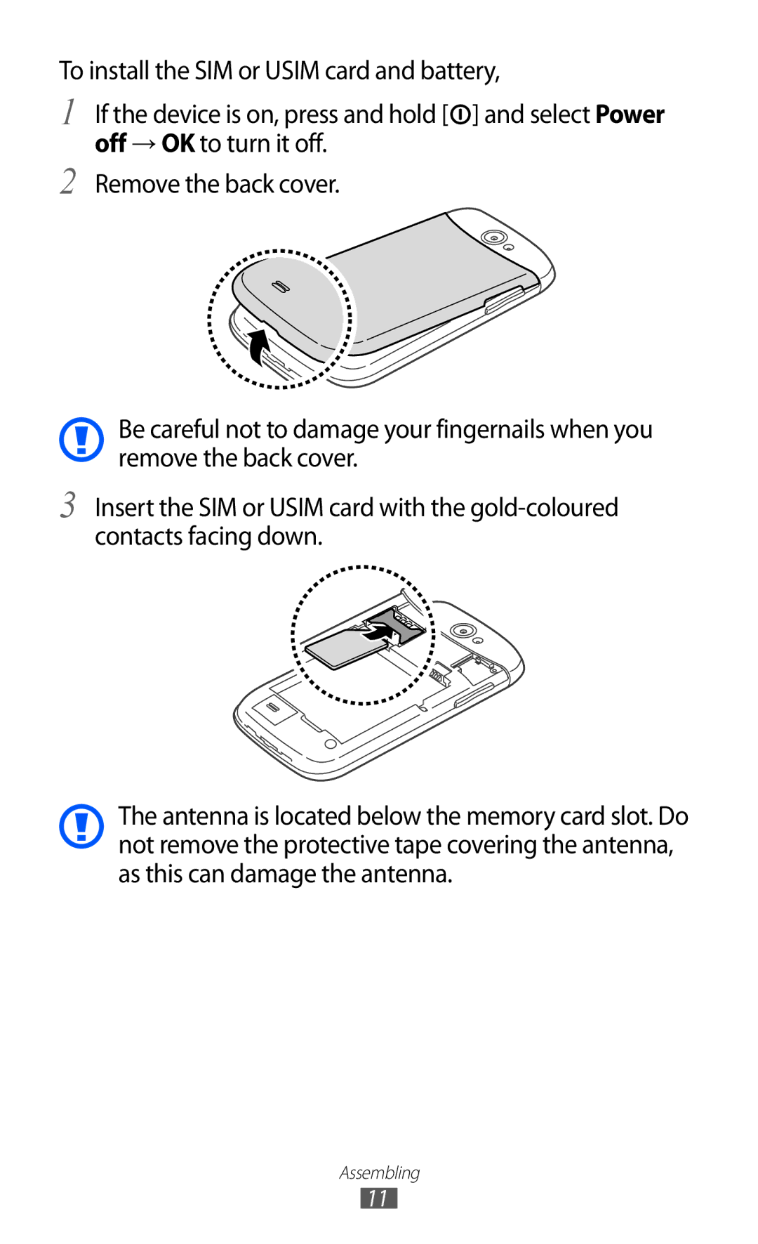 Samsung GT-I8150FKATUN, GT-I8150FKAKSA, GT-I8150FKAXSG, GT-I8150EWAMID, GT-I8150FKAEGY, GT-I8150FKAJED manual Assembling 