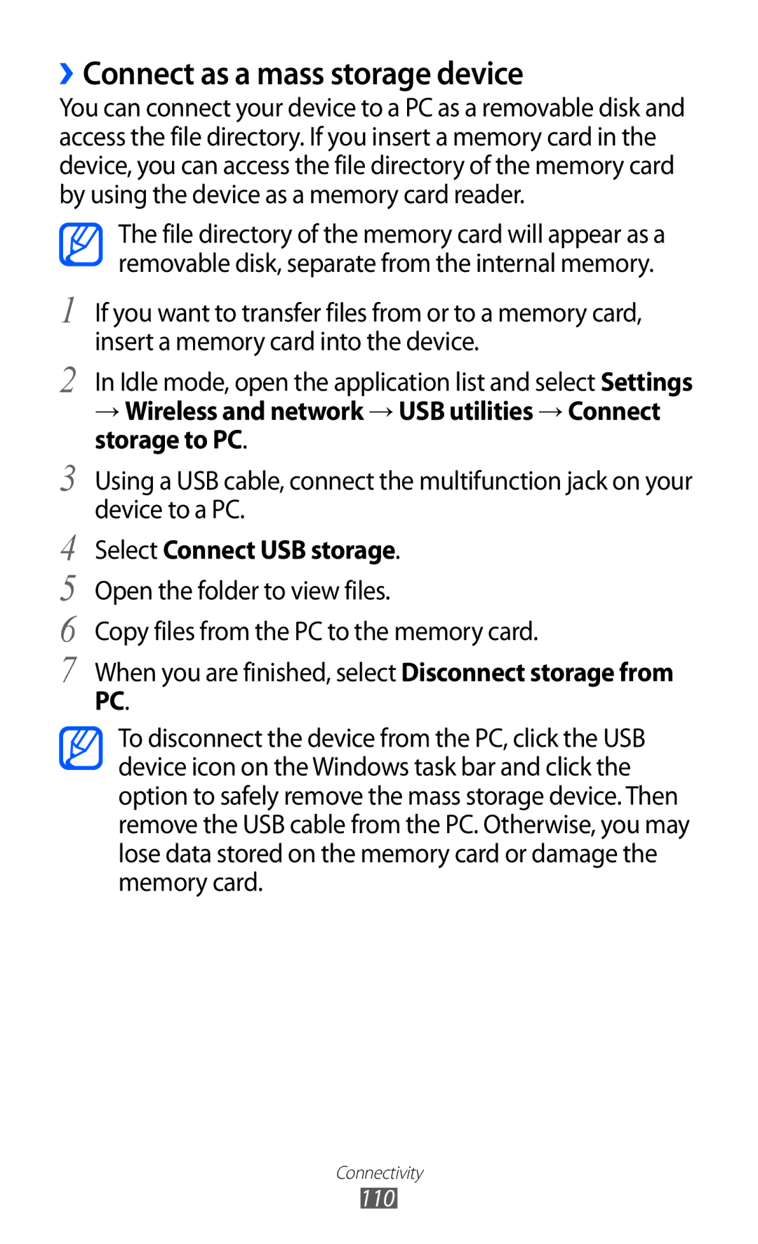 Samsung GT-I8150EWAXSG, GT-I8150FKAKSA, GT-I8150FKAXSG manual ››Connect as a mass storage device, Select Connect USB storage 