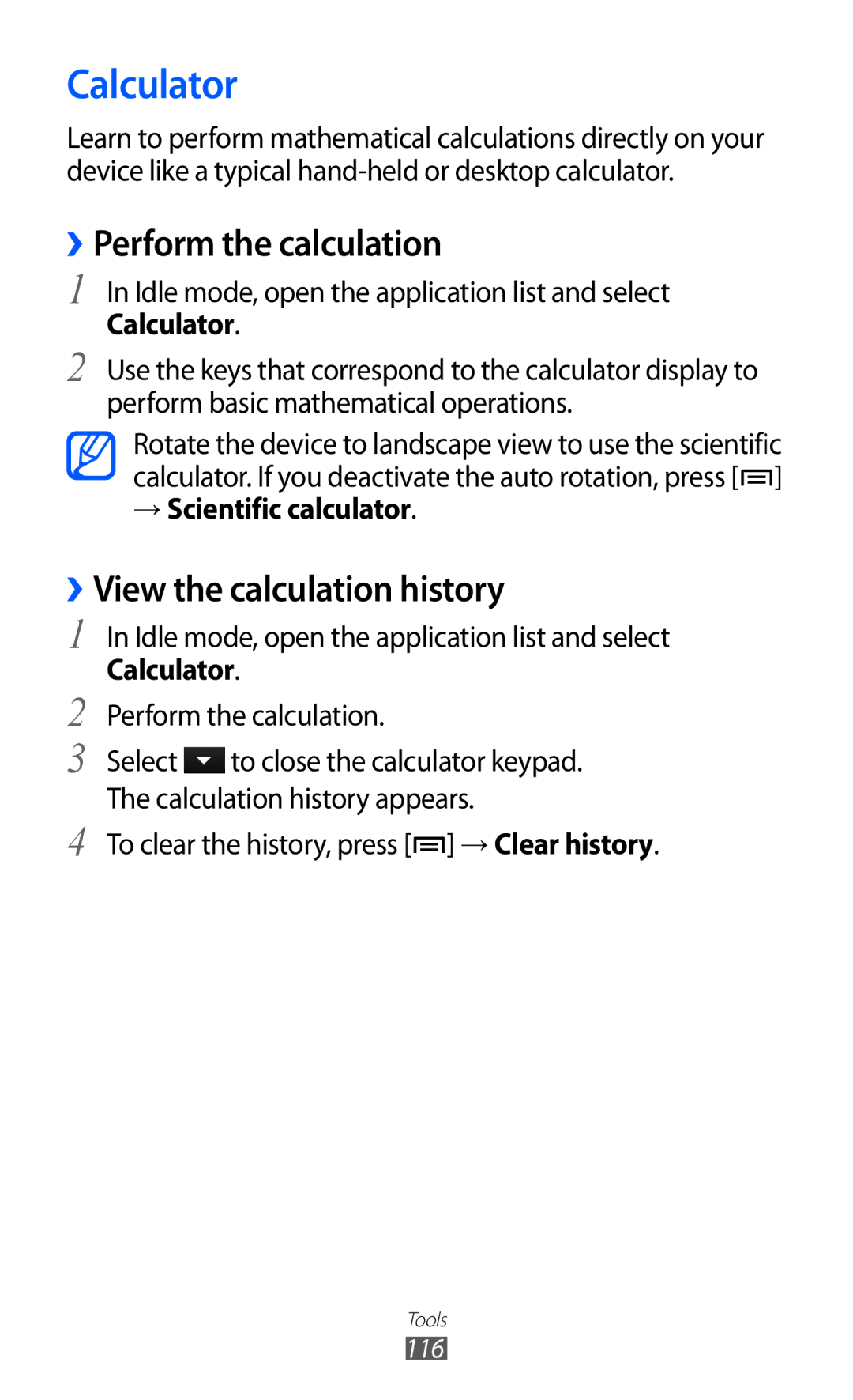 Samsung GT-I8150FKUSKZ Calculator, ››Perform the calculation, ››View the calculation history, → Scientific calculator 