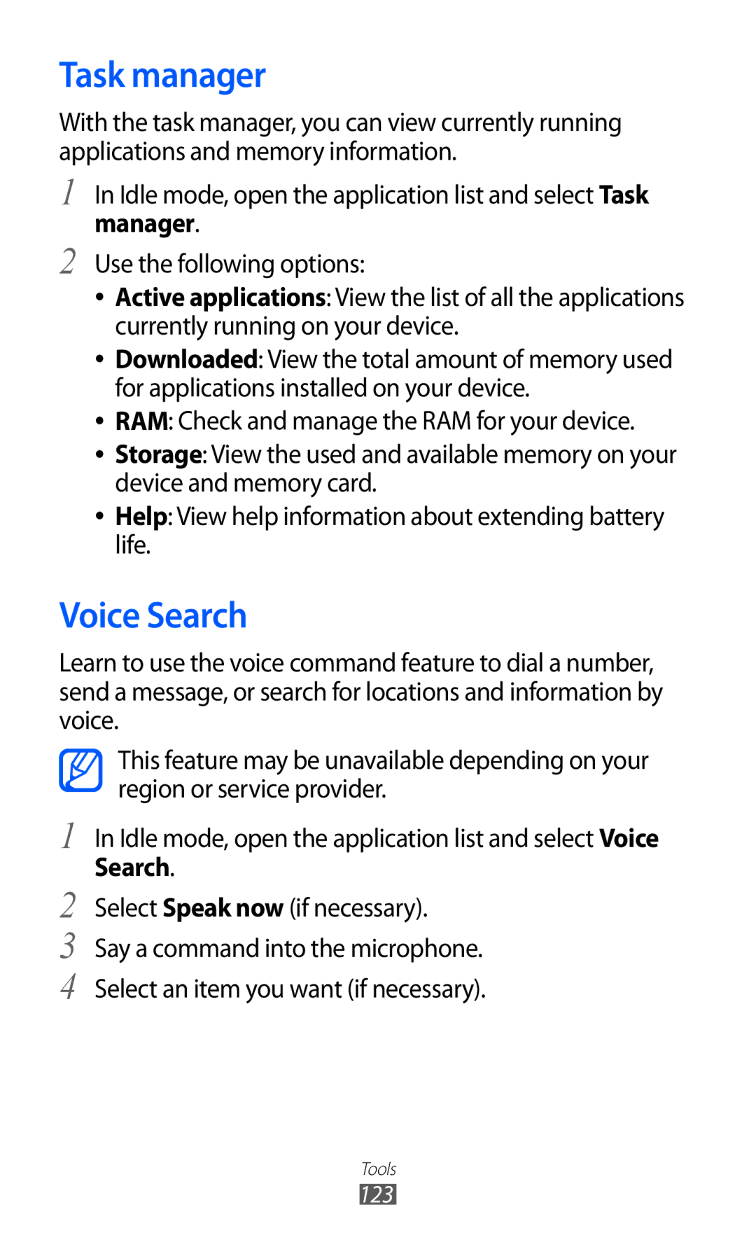 Samsung GT-I8150EWAPTR, GT-I8150FKAKSA, GT-I8150FKAXSG, GT-I8150EWAMID, GT-I8150FKAEGY manual Task manager, Voice Search 