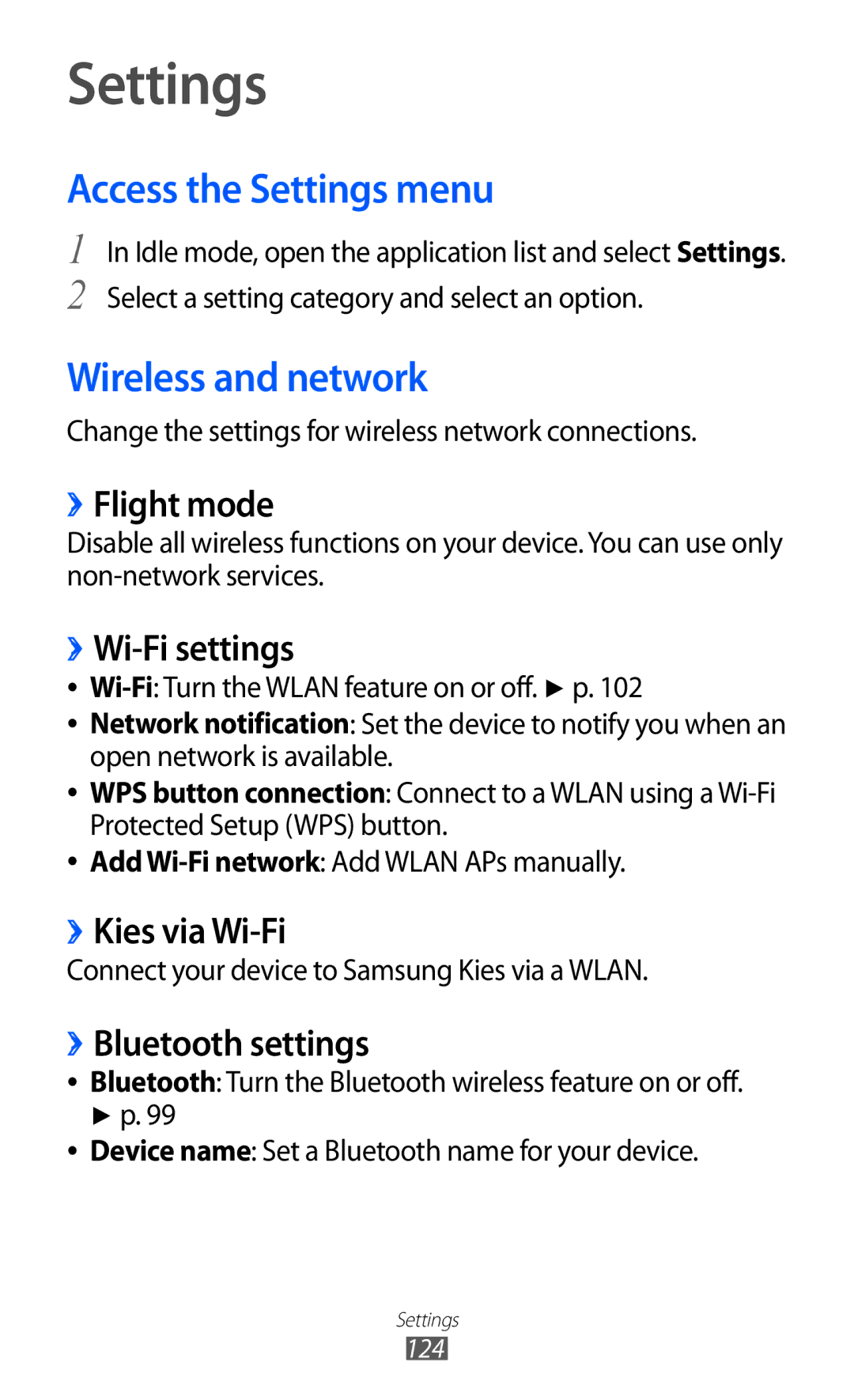 Samsung GT-I8150FKAPTR, GT-I8150FKAKSA, GT-I8150FKAXSG, GT-I8150EWAMID Access the Settings menu, Wireless and network 