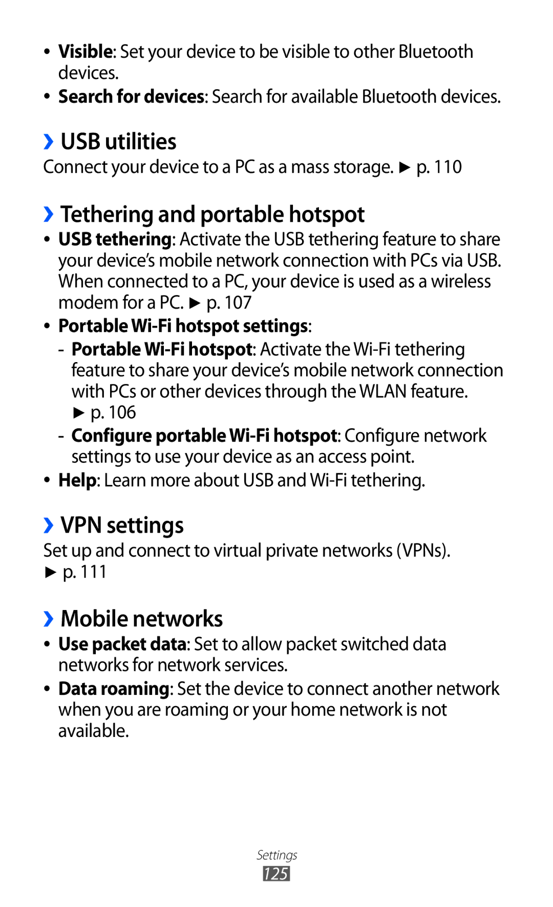 Samsung GT-I8150FKAKSA manual ››USB utilities, ››Tethering and portable hotspot, ››VPN settings, ››Mobile networks 