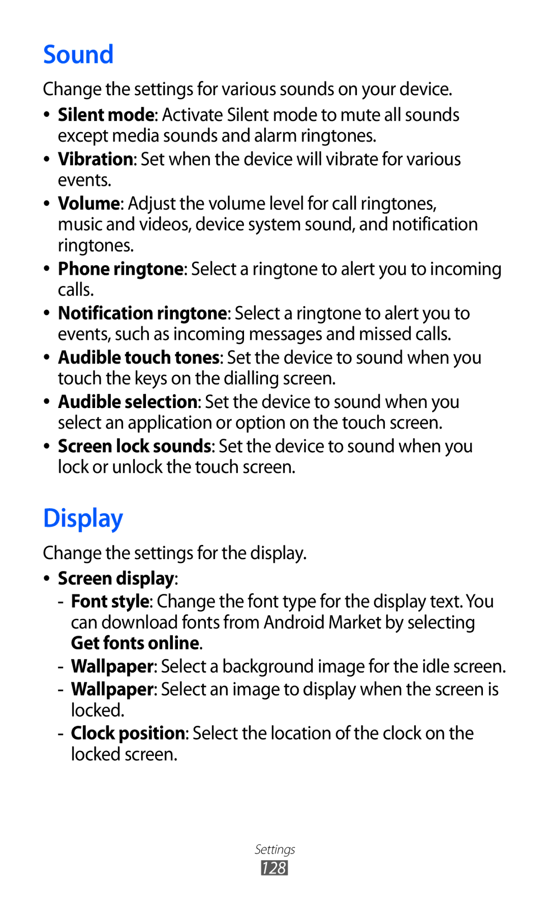 Samsung GT-I8150FKAEGY manual Sound, Display, Change the settings for various sounds on your device, Screen display 